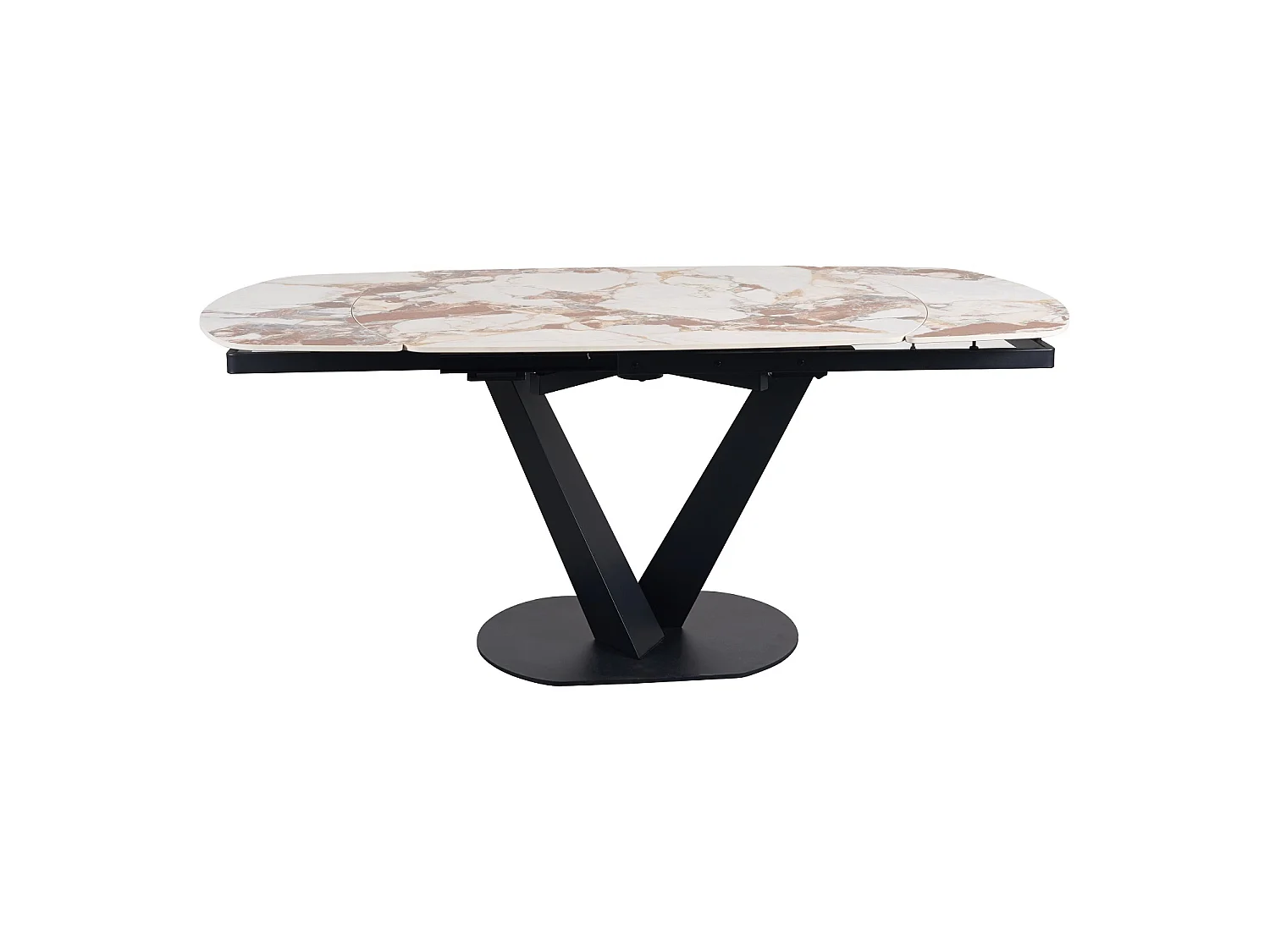 Table à rallonge 120/160 x 90 cm, pied central métallique avec plateau en céramique marbre Patagonia