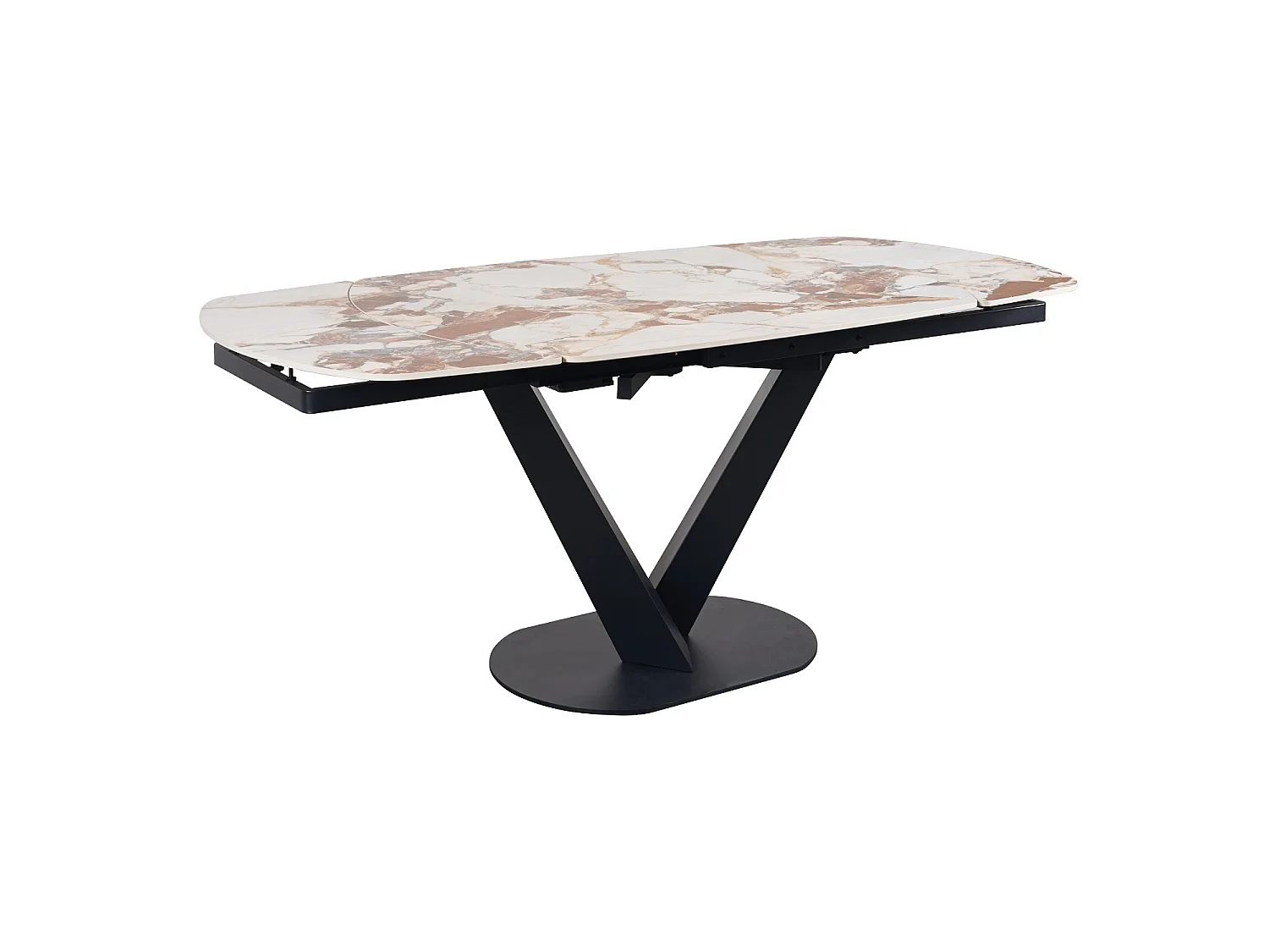 Table à rallonge 120/160 x 90 cm, pied central métallique avec plateau en céramique marbre Patagonia