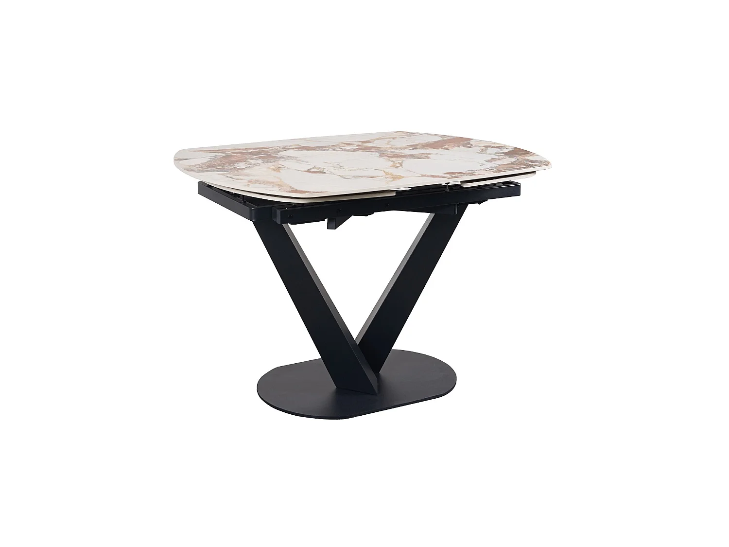 Table à rallonge 120/160 x 90 cm, pied central métallique avec plateau en céramique marbre Patagonia