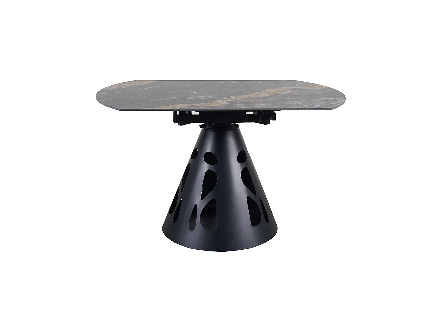 Table ronde à rallonge, diamètre 135 cm, pied central métallique et plateau en céramique imitation marbre Black Geology