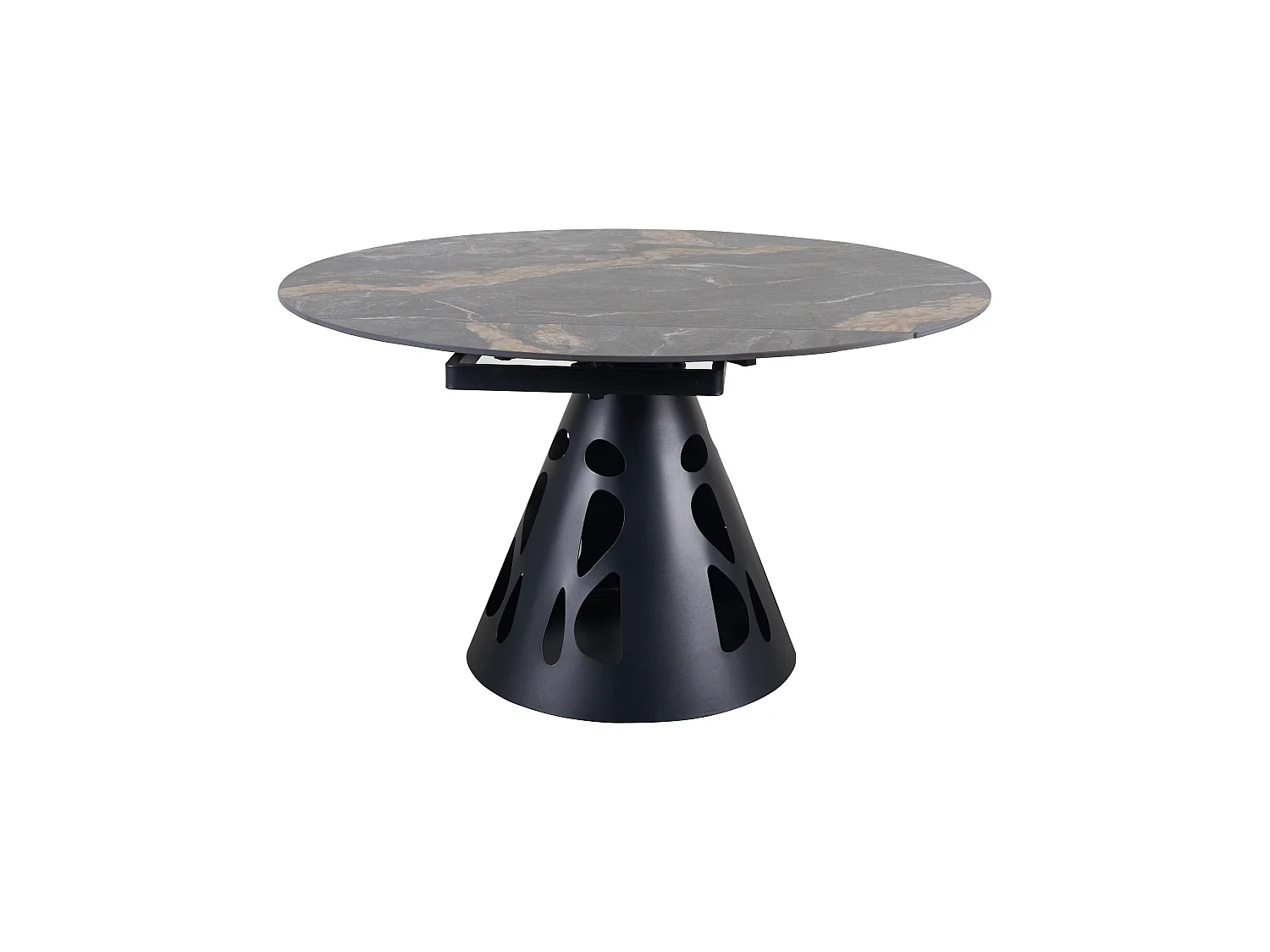 Table ronde à rallonge, diamètre 135 cm, pied central métallique et plateau en céramique imitation marbre Black Geology