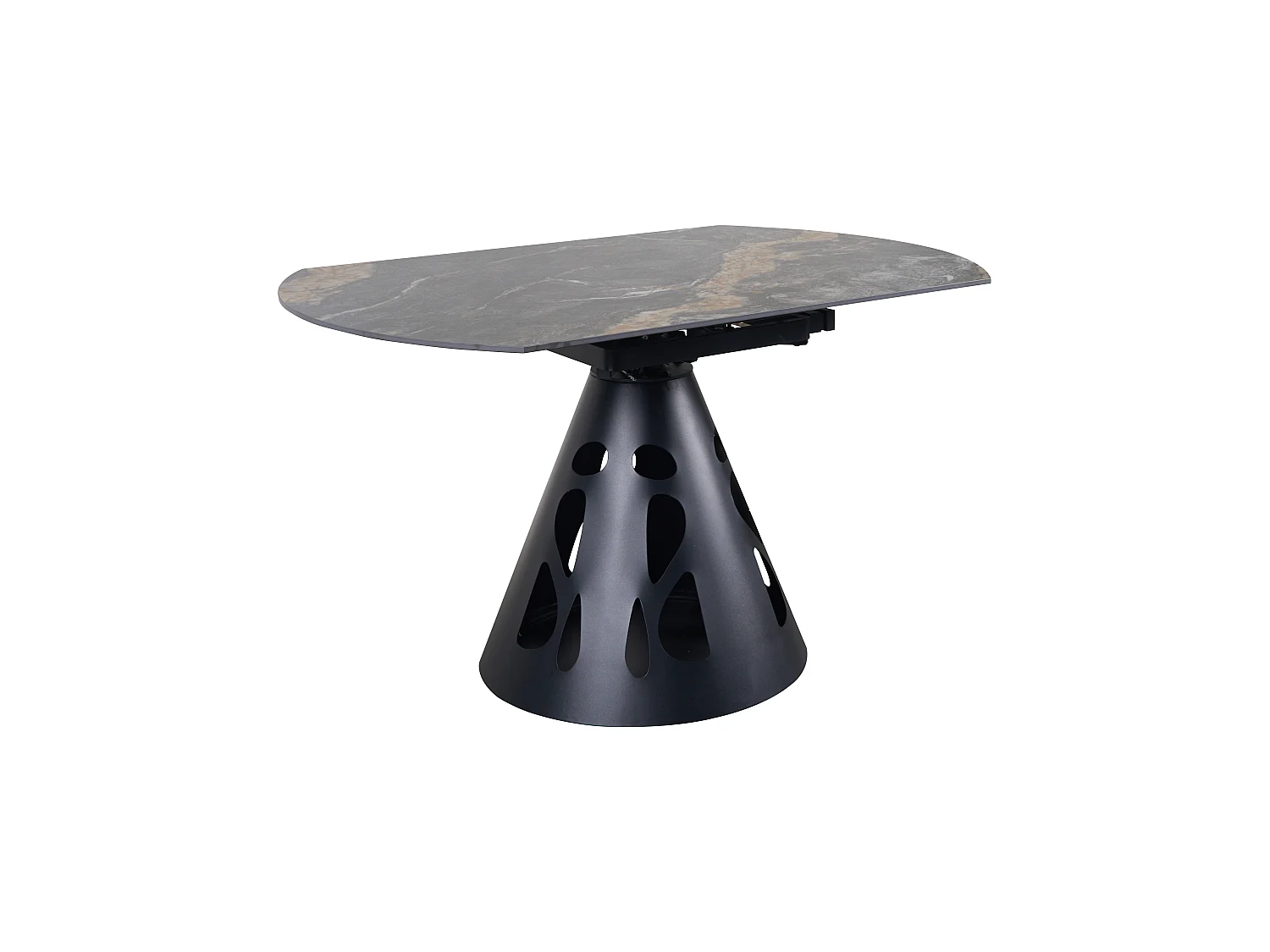 Table ronde à rallonge, diamètre 135 cm, pied central métallique et plateau en céramique imitation marbre Black Geology