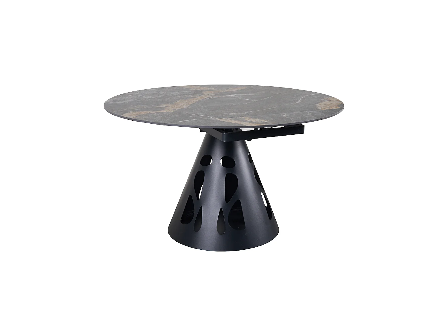 Table ronde à rallonge, diamètre 135 cm, pied central métallique et plateau en céramique imitation marbre Black Geology