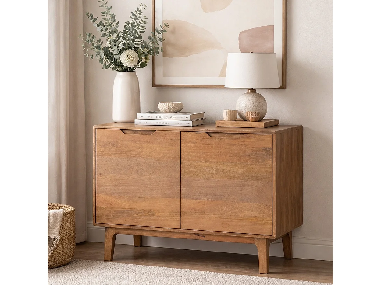 Buffet en bois de manguier couleur naturelle, 2 portes et pieds en bois