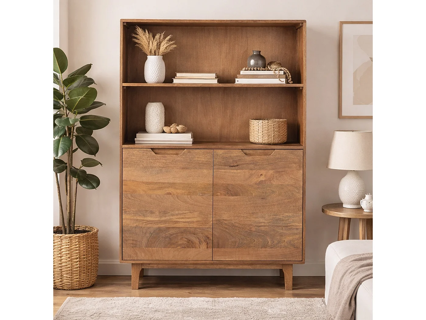 Buffet haut en bois de manguier couleur naturelle, 2 portes et pieds en bois