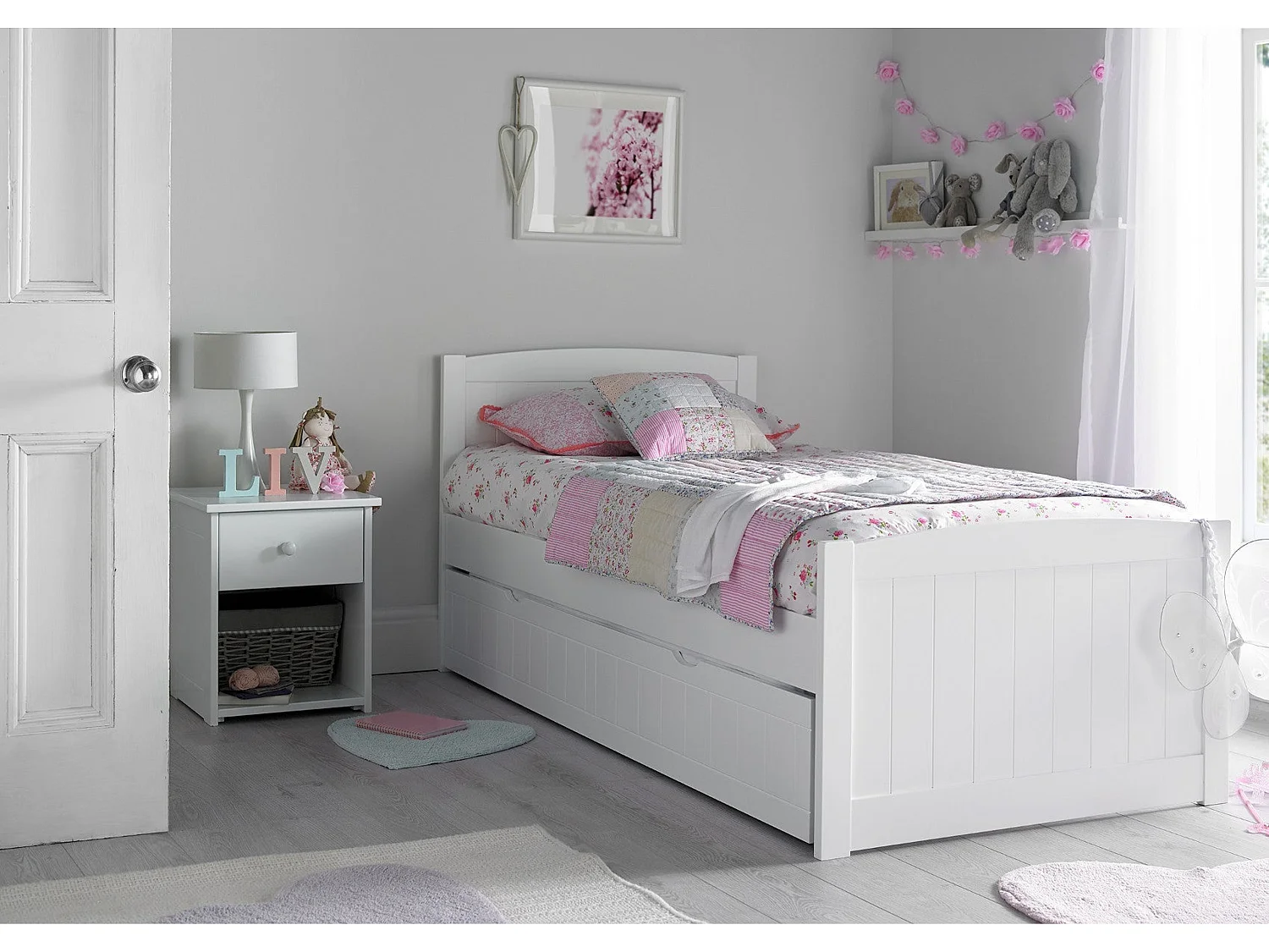 Painted Wood Bedframe - 90 x 190 cm Bedframe Rollout Underbed Feature in White