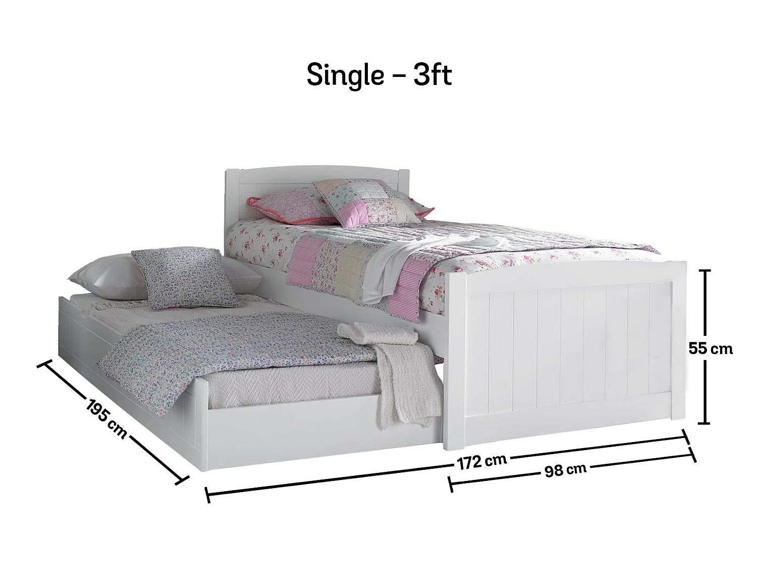 Painted Wood Bedframe - 90 x 190 cm Bedframe Rollout Underbed Feature in White