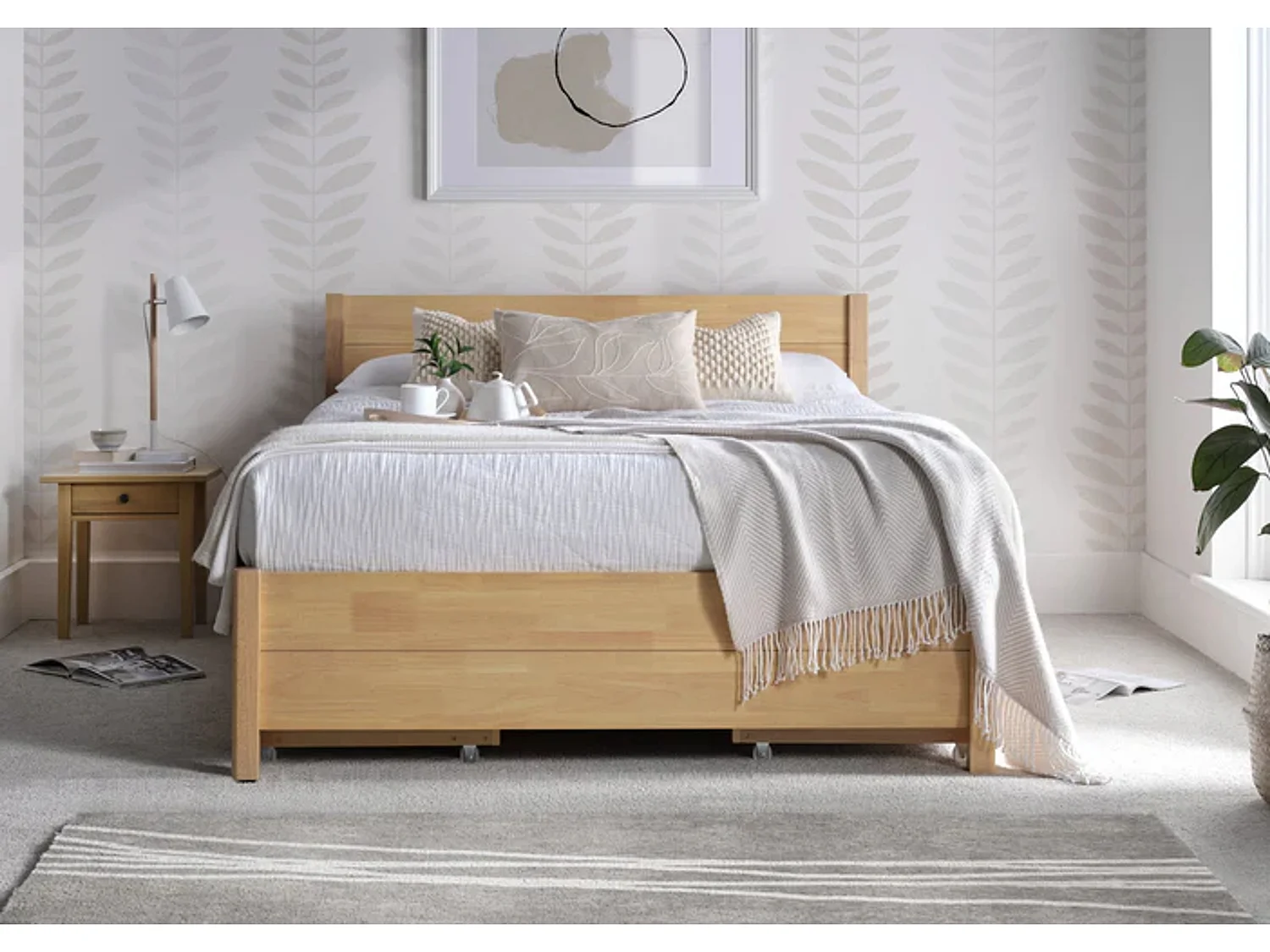 Oak Finish Bedframe - 135 x 190 cm Bedframe in Beige