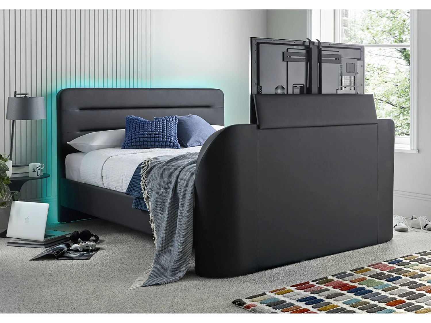 Faux Leather Bedframe - 135 x 190 cm TV Bed in Grey