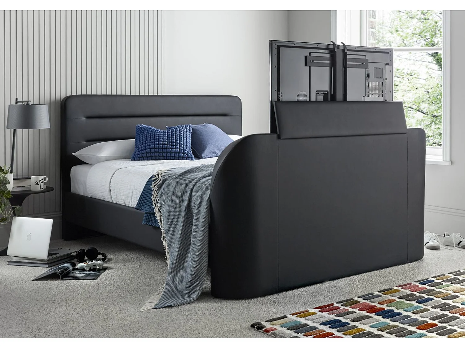 Faux Leather Bedframe - 150 x 200 cm TV Bed in Grey