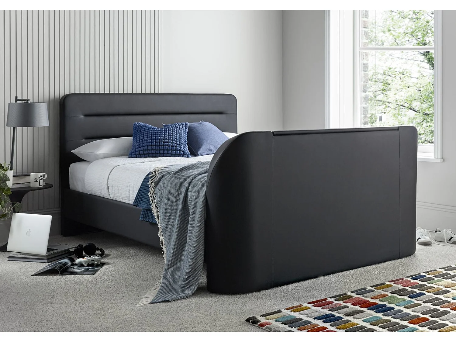 Faux Leather Bedframe - 150 x 200 cm TV Bed in Grey