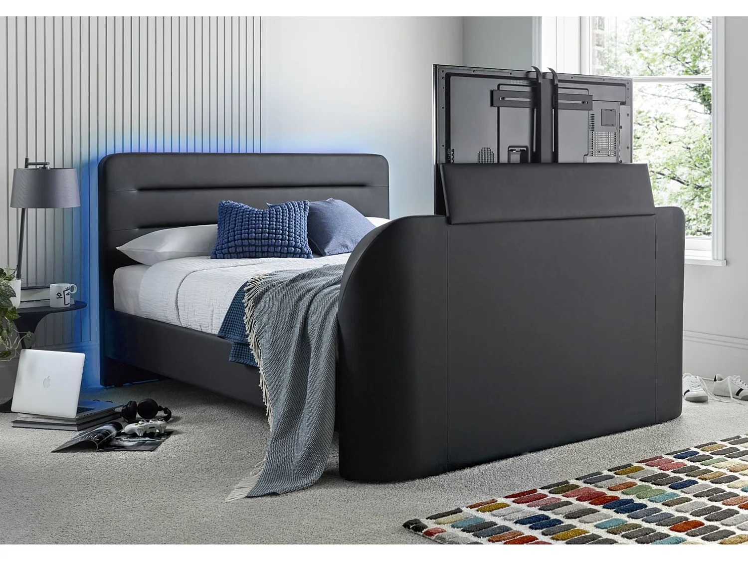 Faux Leather Bedframe - 150 x 200 cm TV Bed in Grey