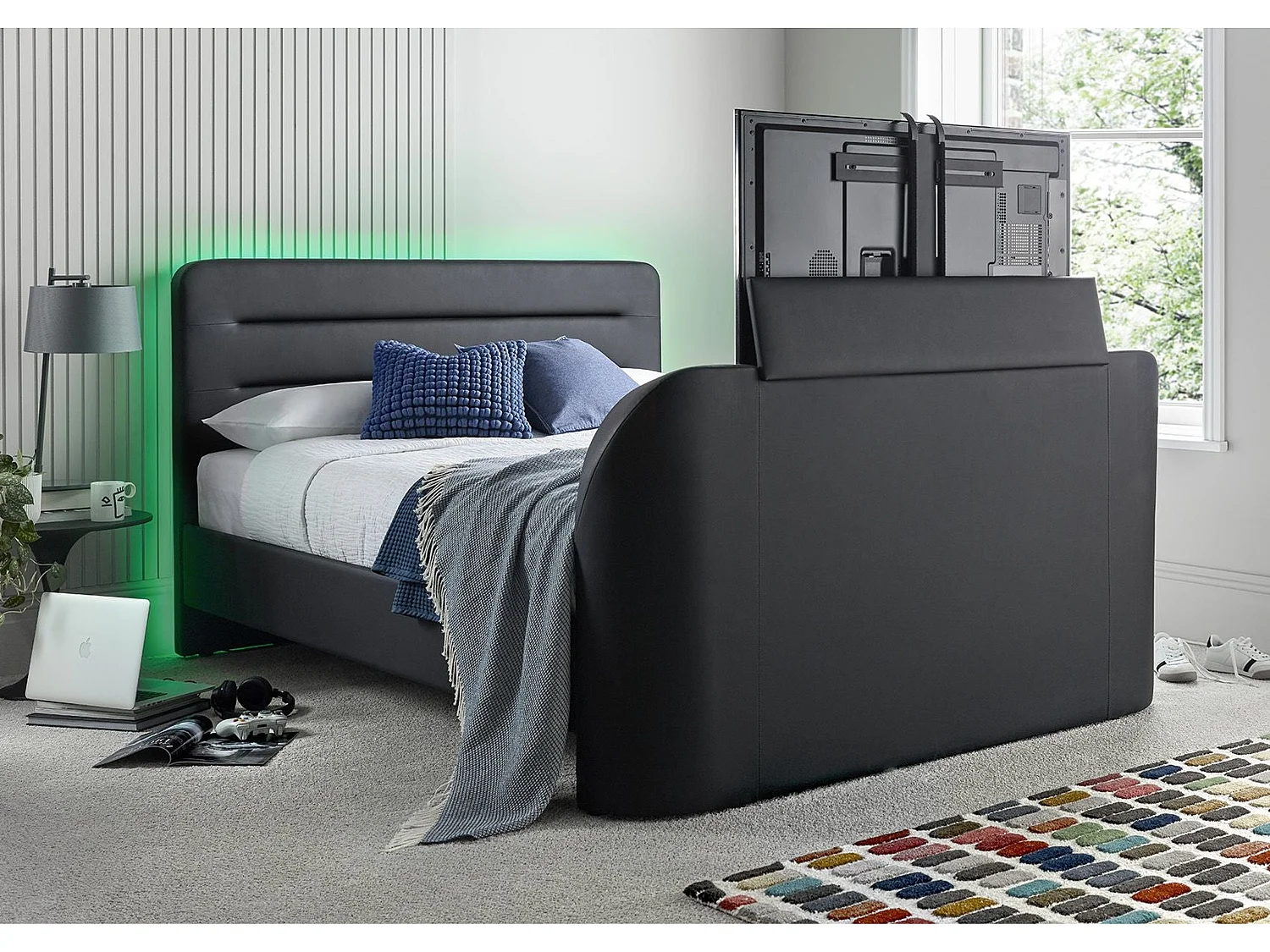 Faux Leather Bedframe - 150 x 200 cm TV Bed in Grey