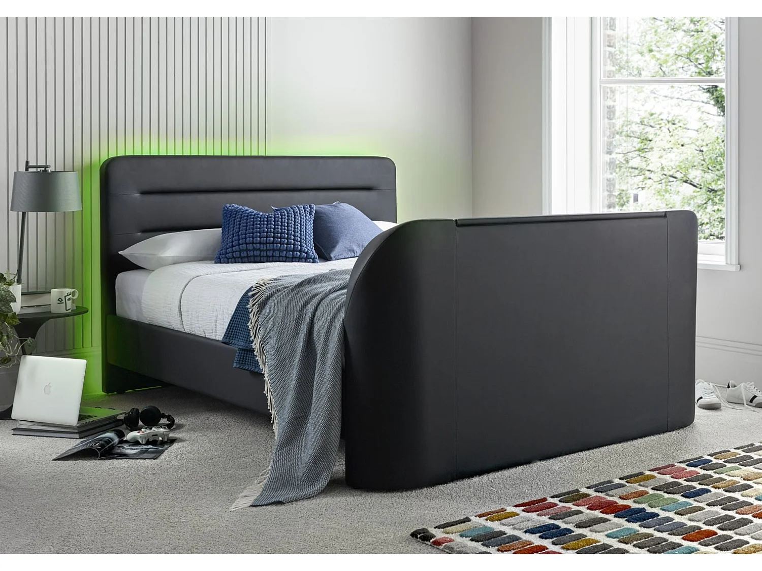 Faux Leather Bedframe - 150 x 200 cm TV Bed in Grey