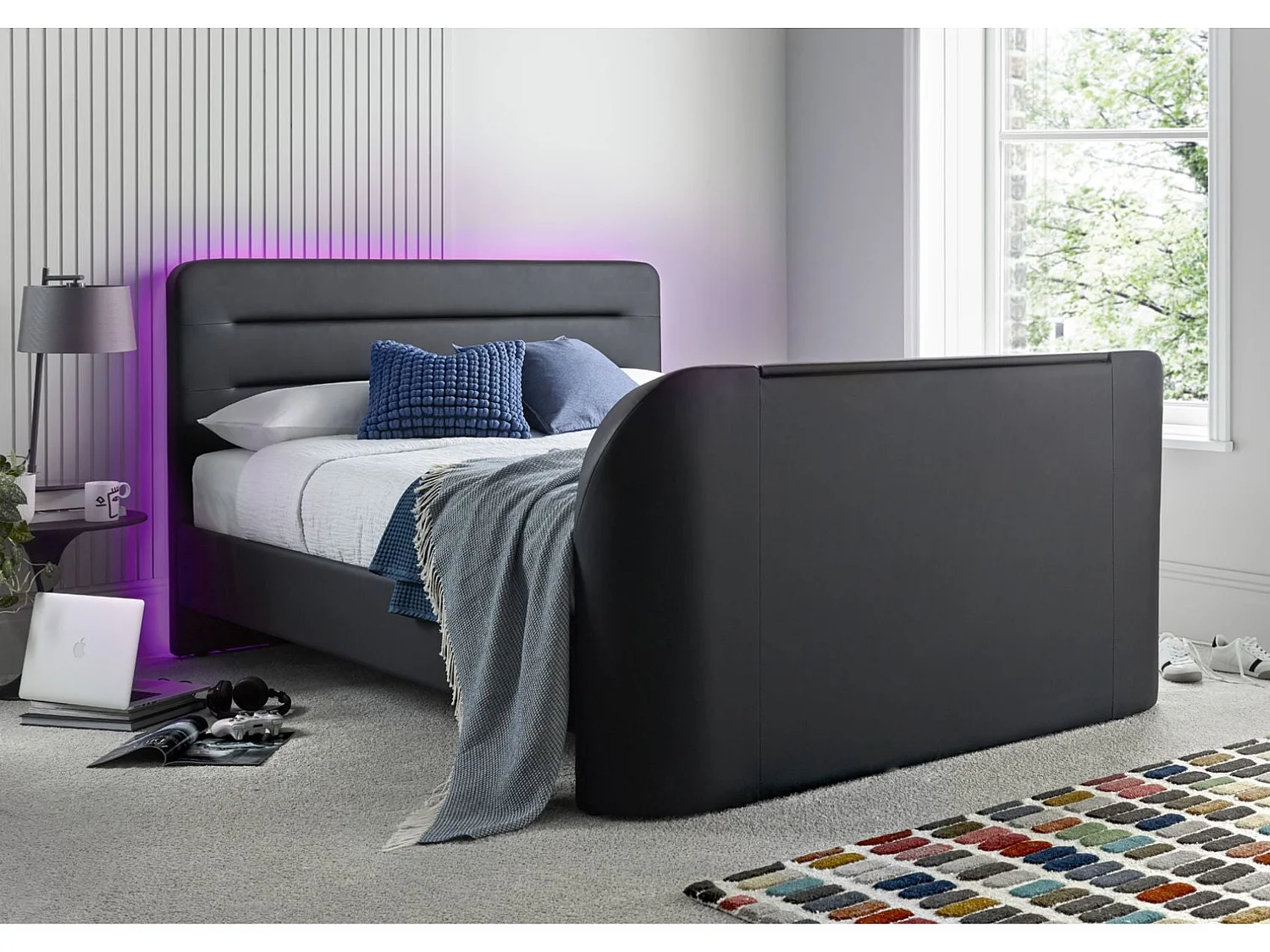 Faux Leather Bedframe - 150 x 200 cm TV Bed in Grey
