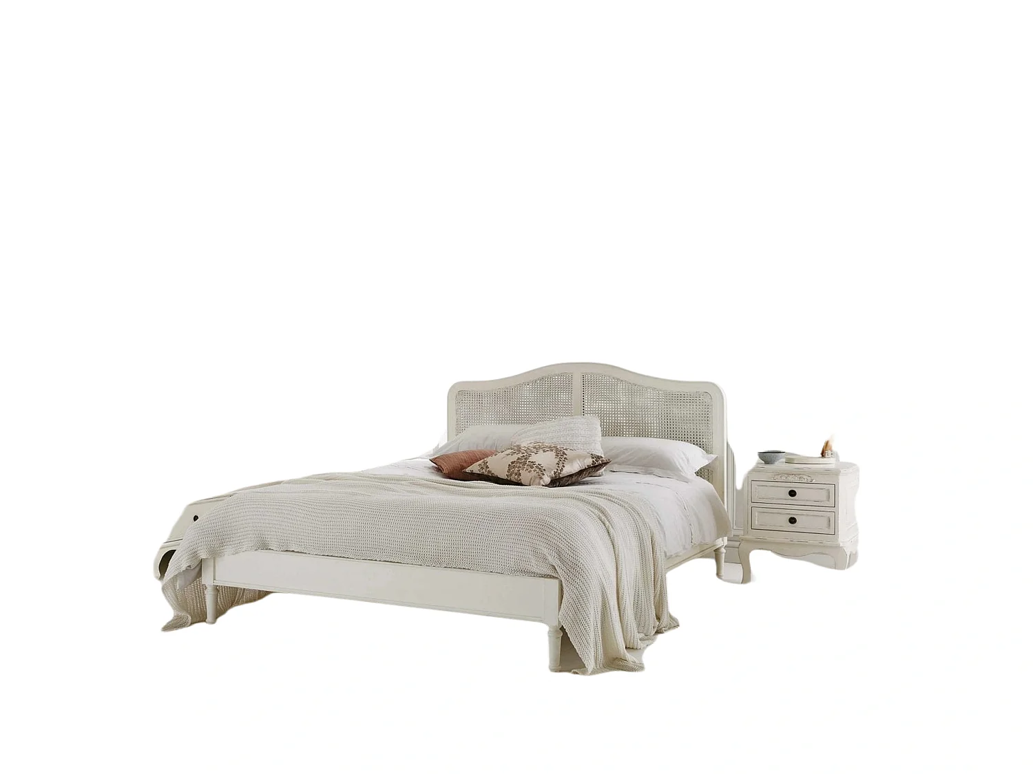 Rattan Painted Wood Bedframe - 135 x 190 cm Bedframe in White