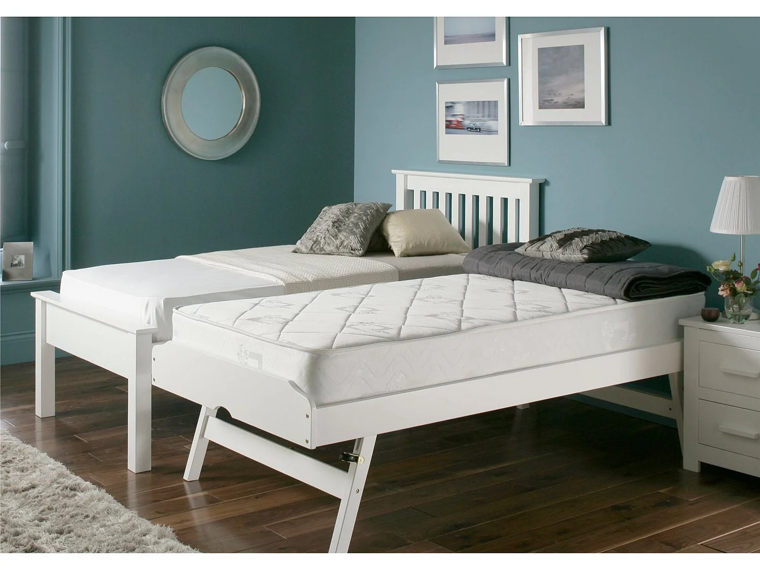 Painted Wood Bedframe - 75 x 190 cm Bedframe Rollout Underbed Feature in White