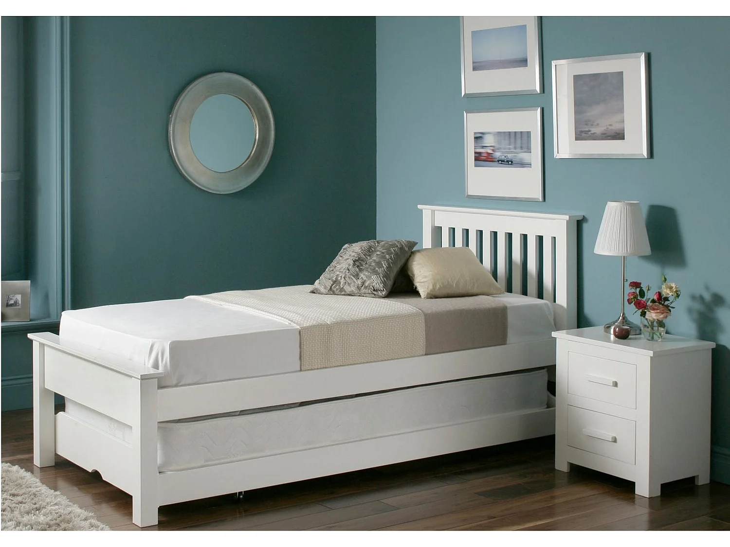 Painted Wood Bedframe - 75 x 190 cm Bedframe Rollout Underbed Feature in White