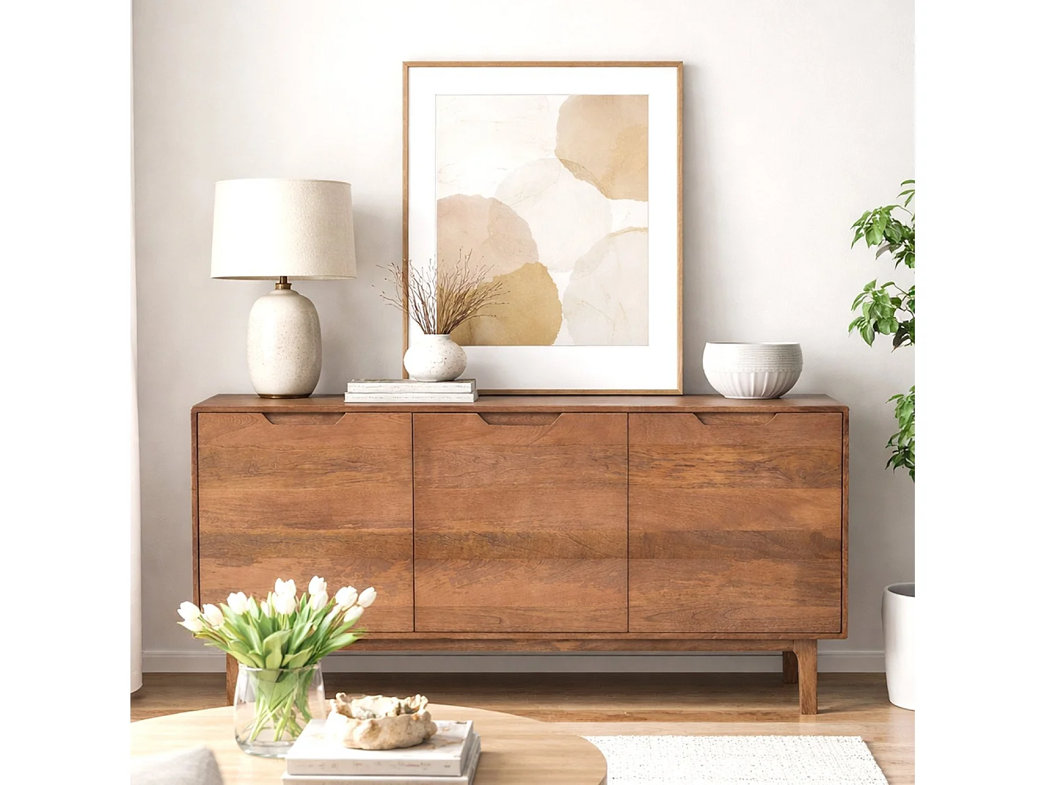 Buffet en bois de manguier couleur naturelle, 3 portes et pieds en bois