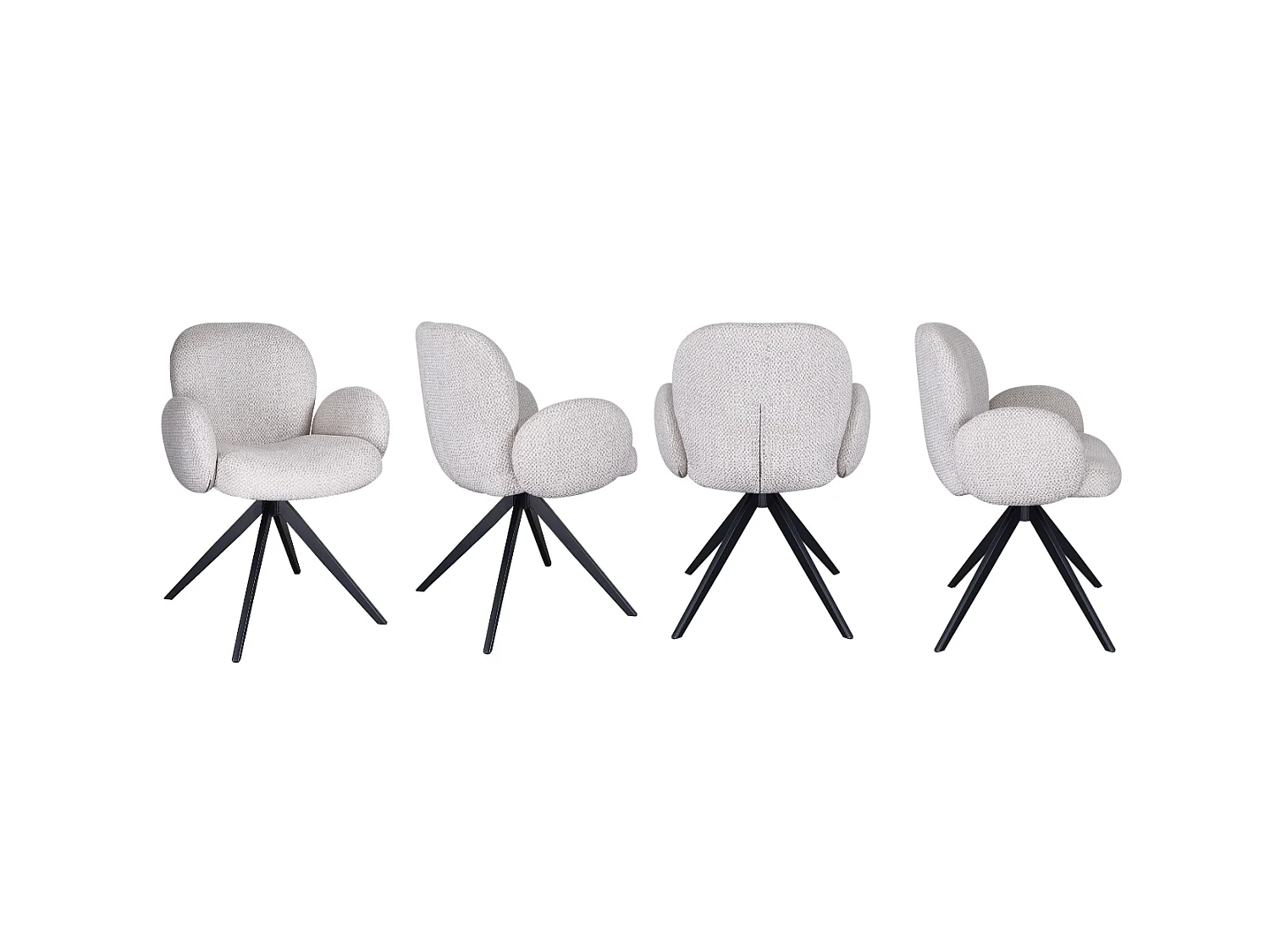 Conjunto de 4 poltronas estofadas em chenille cor marfim salpicado e pernas metálicas pretas