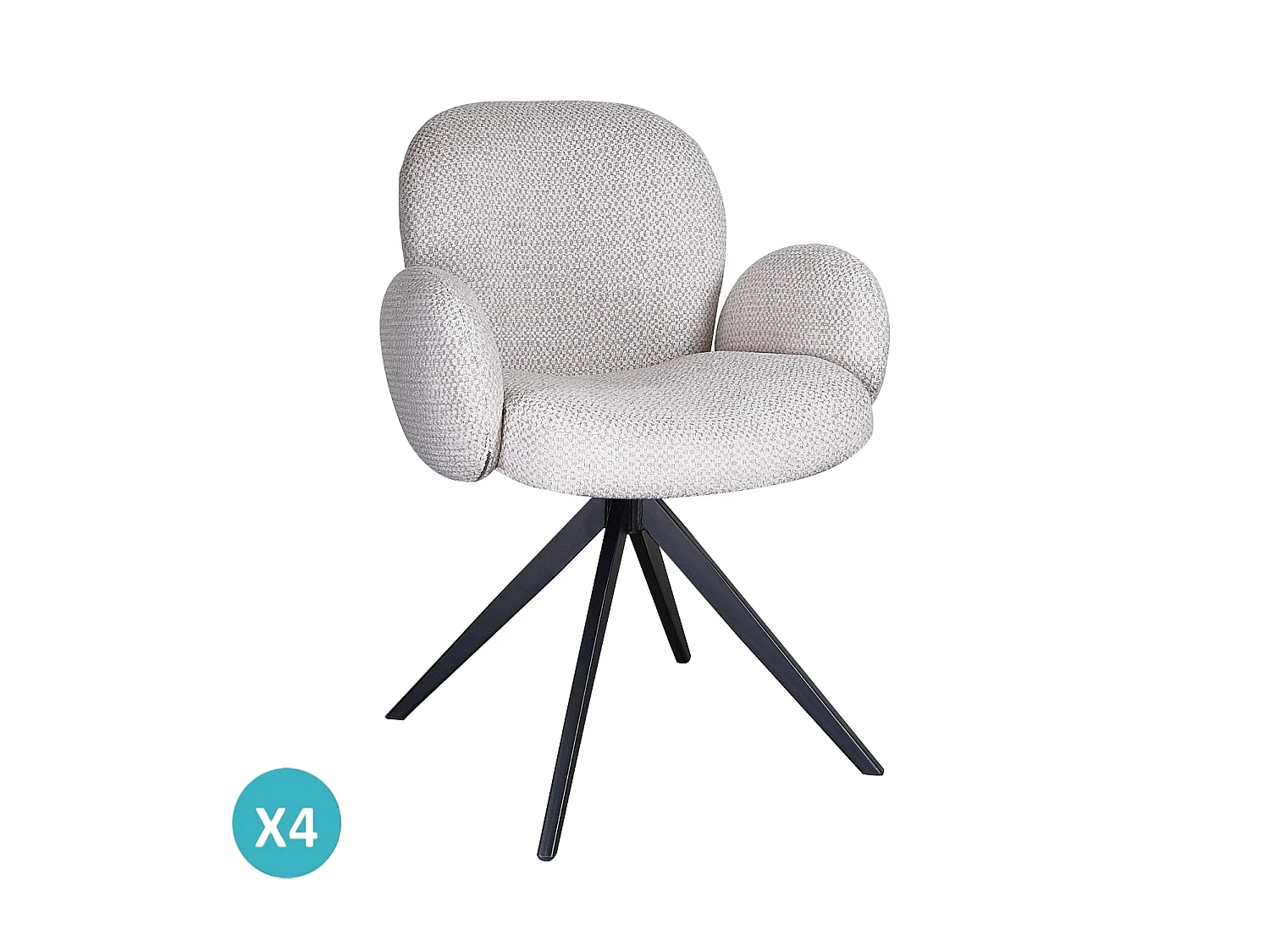 Conjunto de 4 poltronas estofadas em chenille cor marfim salpicado e pernas metálicas pretas