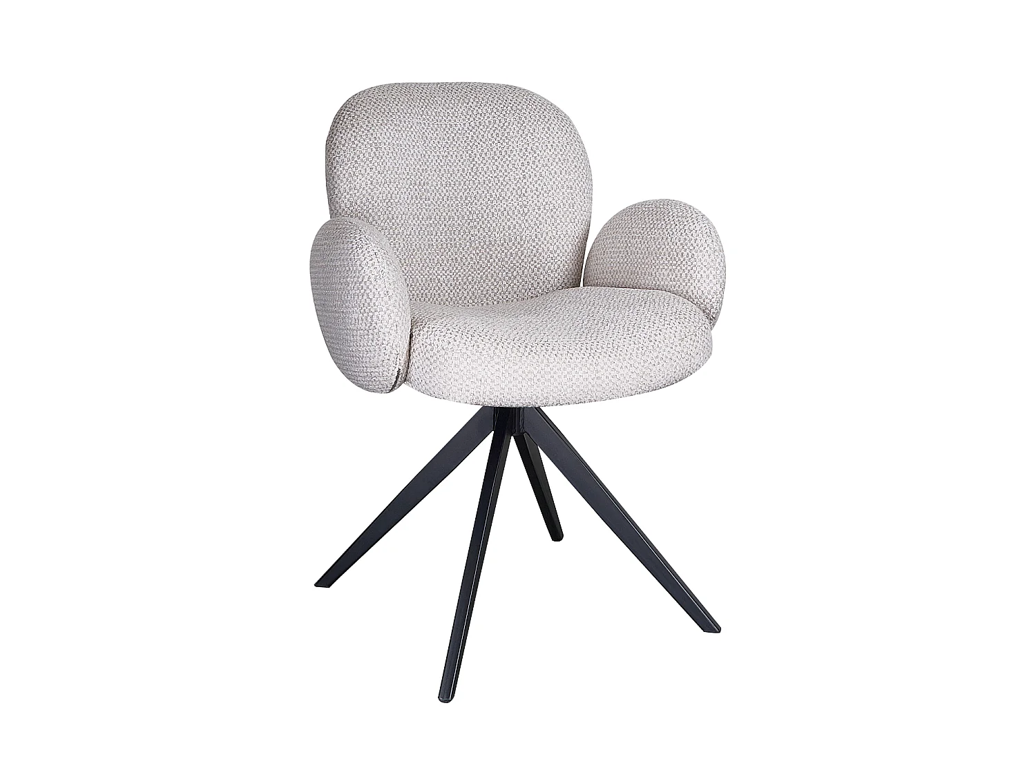 Conjunto de 4 poltronas estofadas em chenille cor marfim salpicado e pernas metálicas pretas