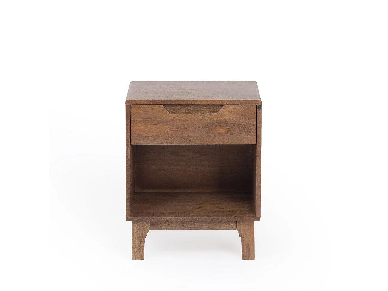 Mesa de cabeceira em mogno de cor natural, 1 gaveta e pés de madeira