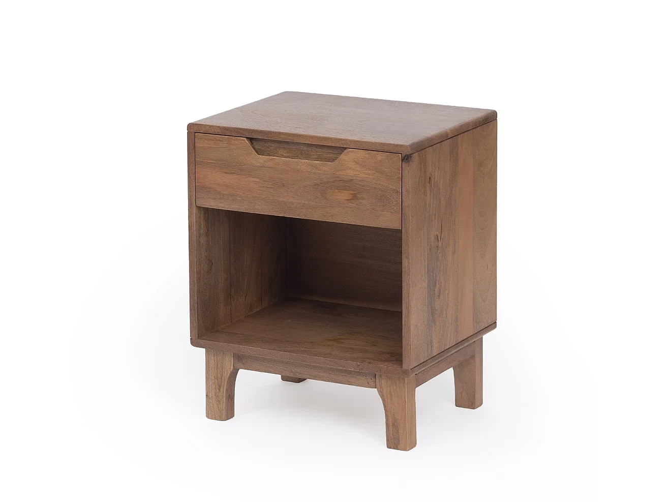 Mesa de cabeceira em mogno de cor natural, 1 gaveta e pés de madeira