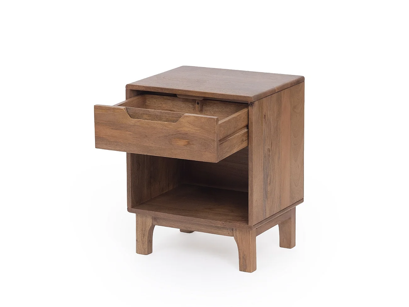 Mesa de cabeceira em mogno de cor natural, 1 gaveta e pés de madeira