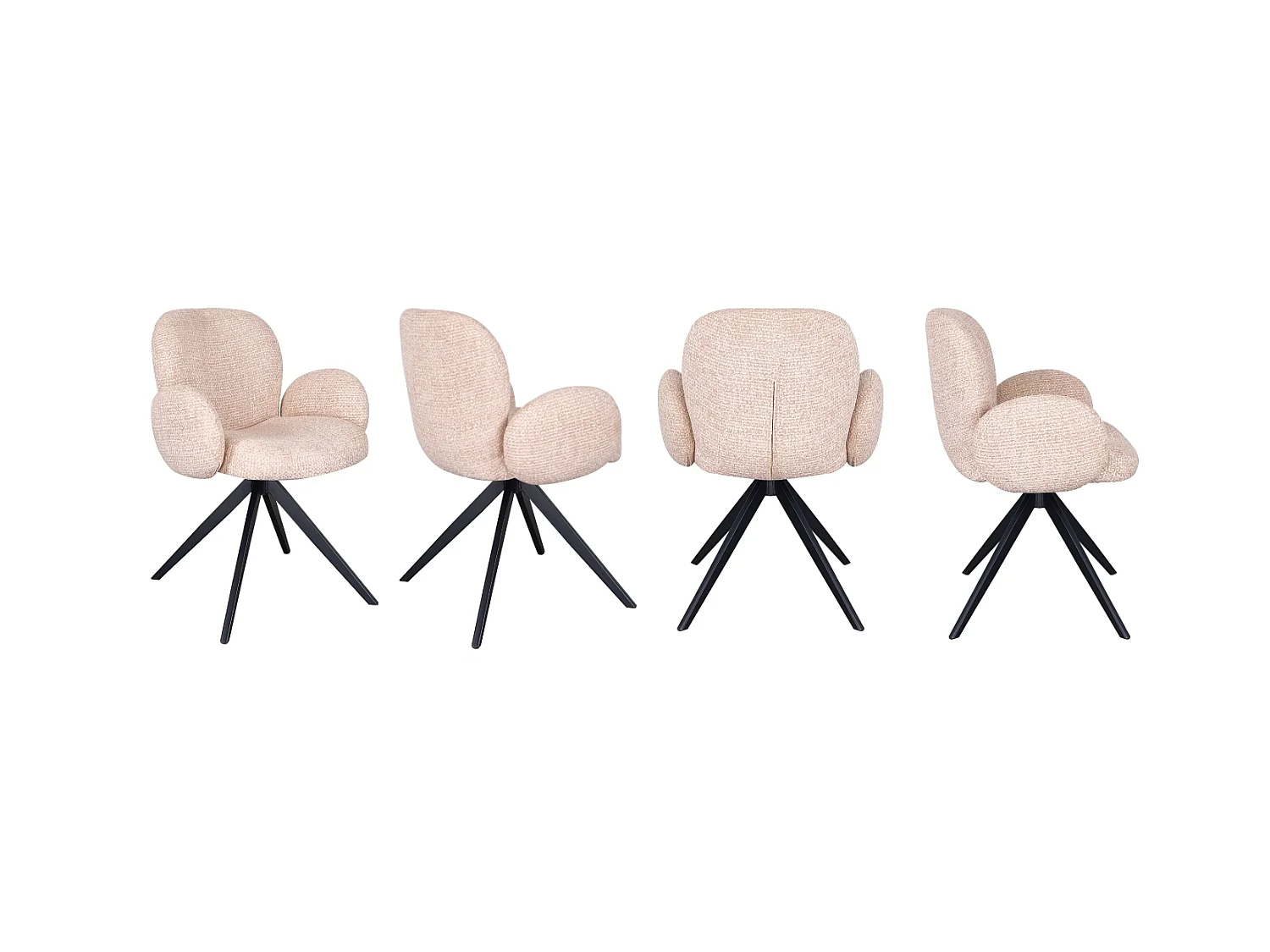 Conjunto de 4 poltronas estofadas em chenille cor bege salpicado e pernas metálicas pretas