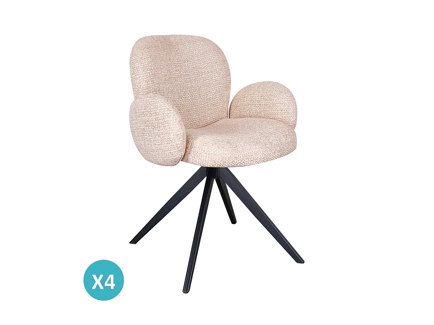 Conjunto de 4 poltronas estofadas em chenille cor bege salpicado e pernas metálicas pretas