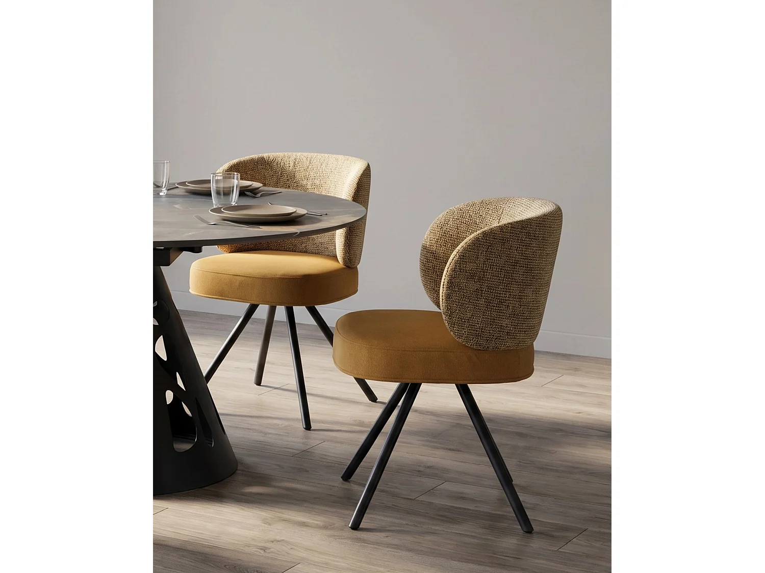 4er-Set gepolsterte Stühle in zweifarbigem Marmor-Beige/Beige mit schwarzen Metallbeinen