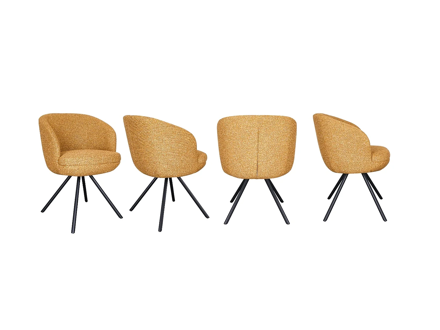 Lot de 4 fauteuils rembourrés à double coussin couleur moutarde et pieds métalliques noirs