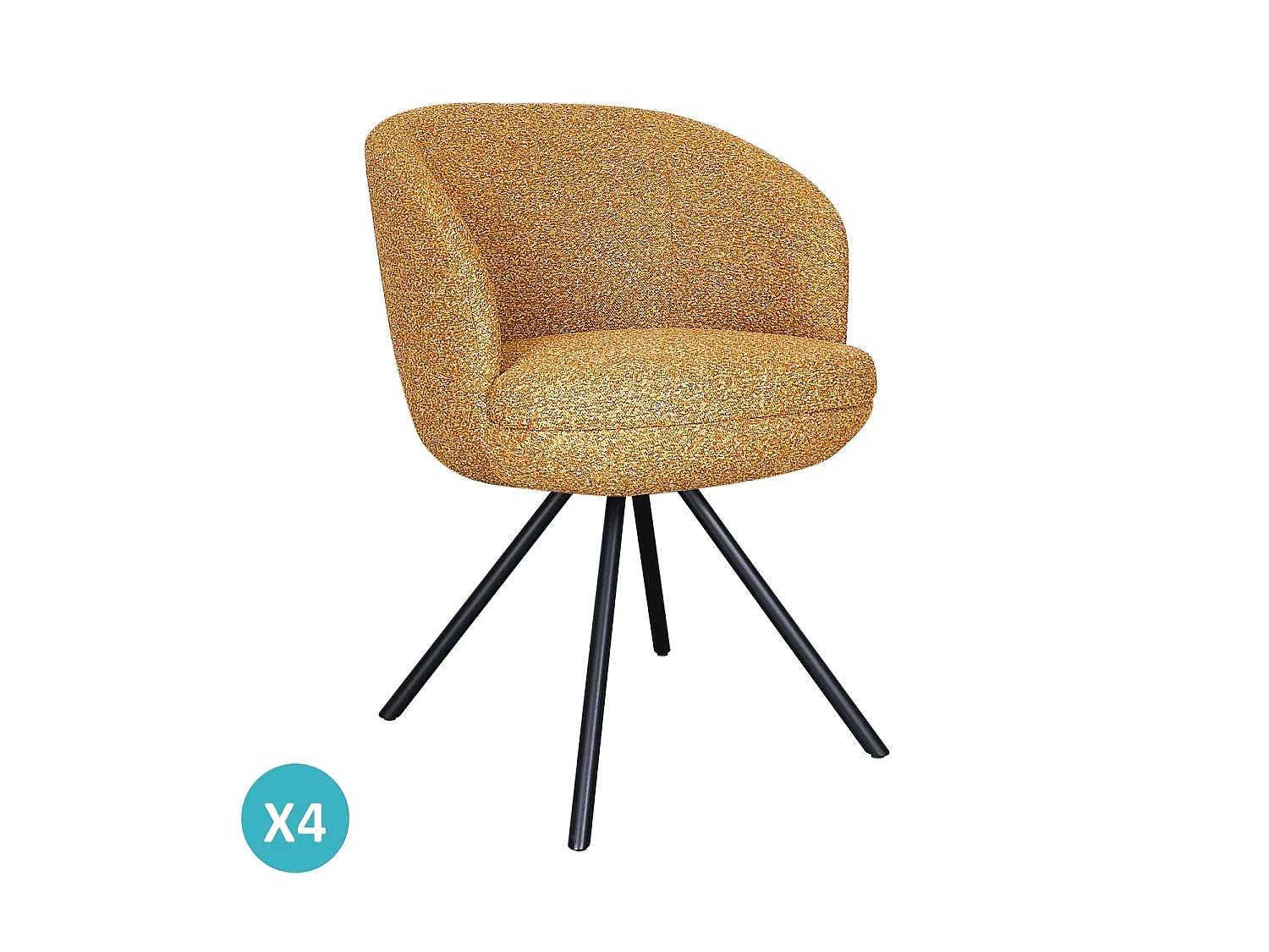 Lot de 4 fauteuils rembourrés à double coussin couleur moutarde et pieds métalliques noirs