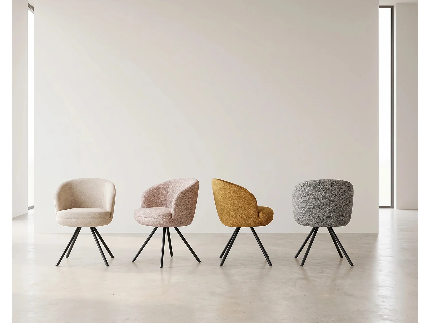 Conjunto de 4 poltronas estofadas com almofada dupla cor antracite e pés metálicos pretos