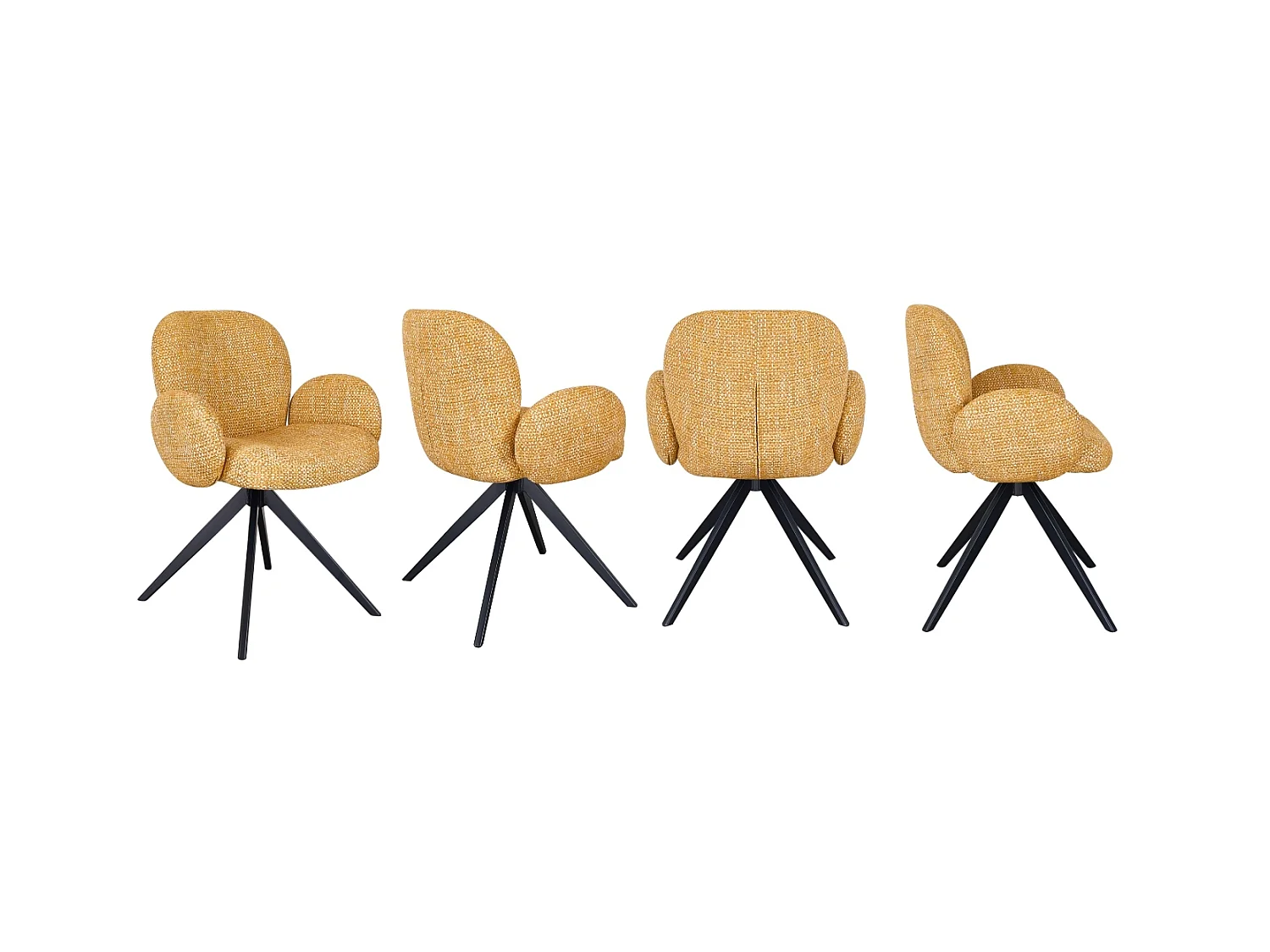 Lot de 4 fauteuils rembourrés en chenille couleur moutarde mouchetée et pieds métalliques noirs