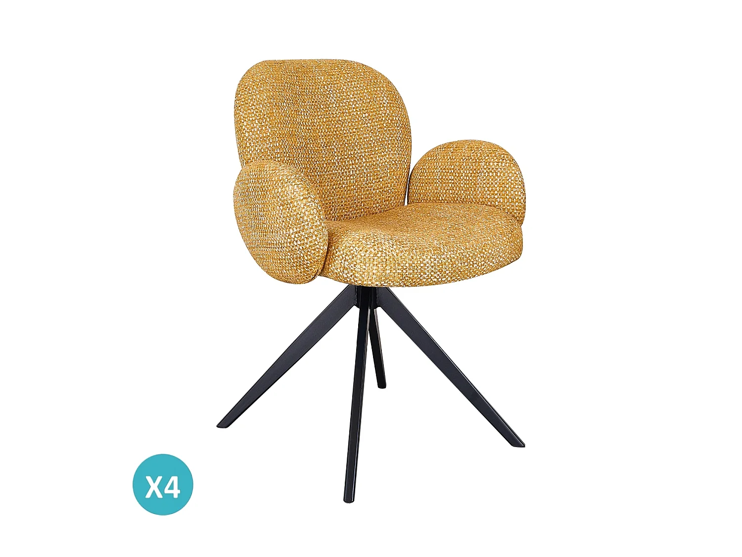 Lot de 4 fauteuils rembourrés en chenille couleur moutarde mouchetée et pieds métalliques noirs