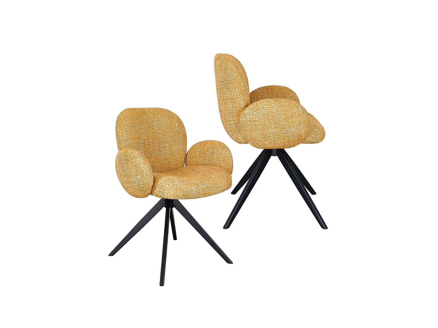 Lot de 4 fauteuils rembourrés en chenille couleur moutarde mouchetée et pieds métalliques noirs