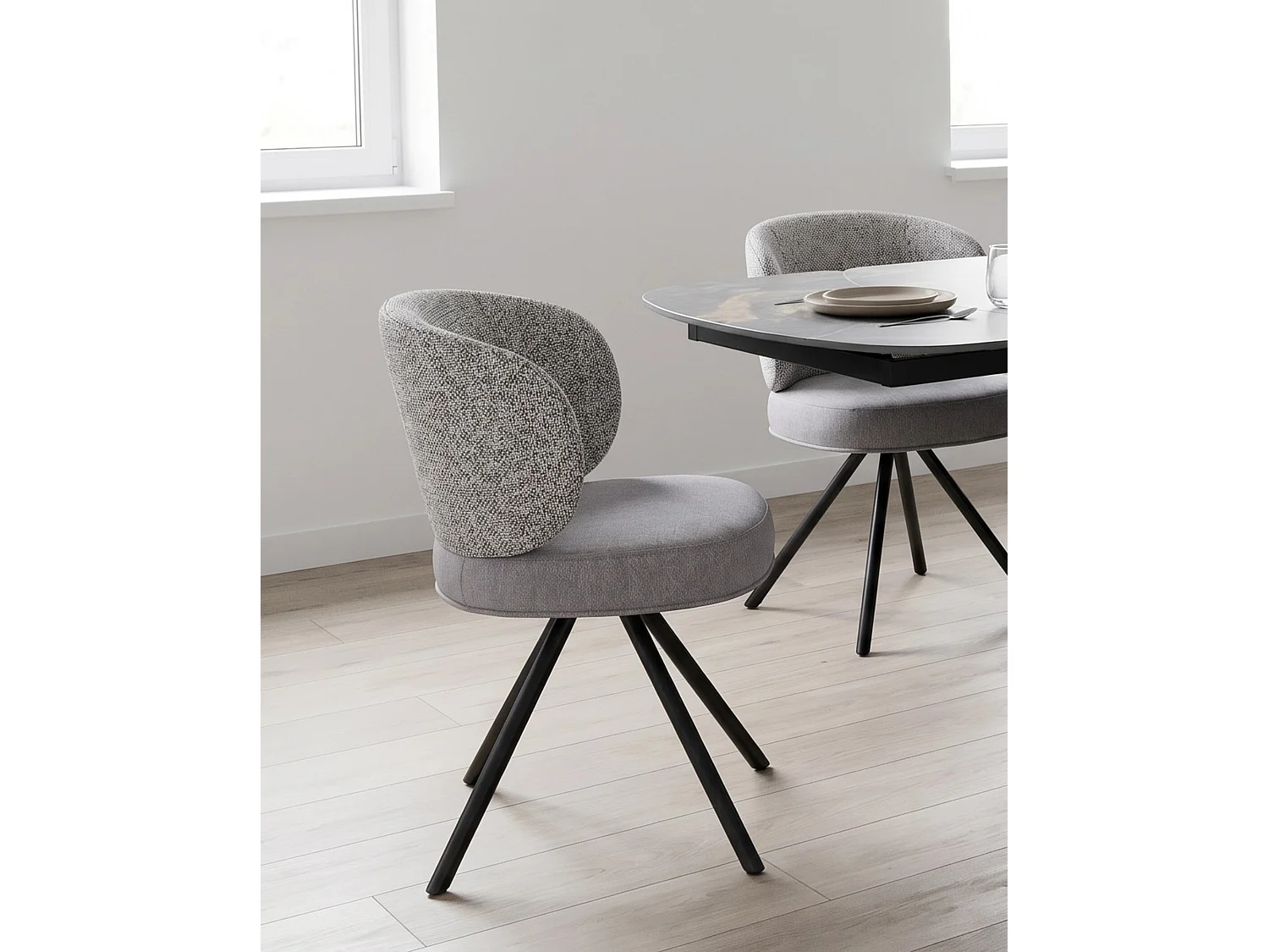 Lot de 4 chaises rembourrées bicolores gris marbré/gris avec pieds métalliques noirs