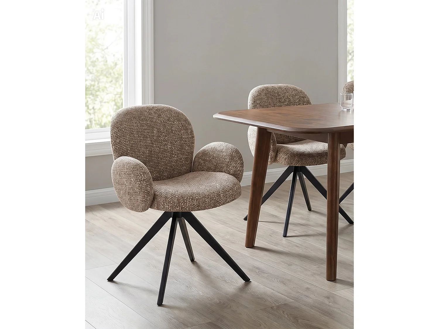 Lot de 4 fauteuils rembourrés en chenille couleur ciment mouchetée et pieds métalliques noirs