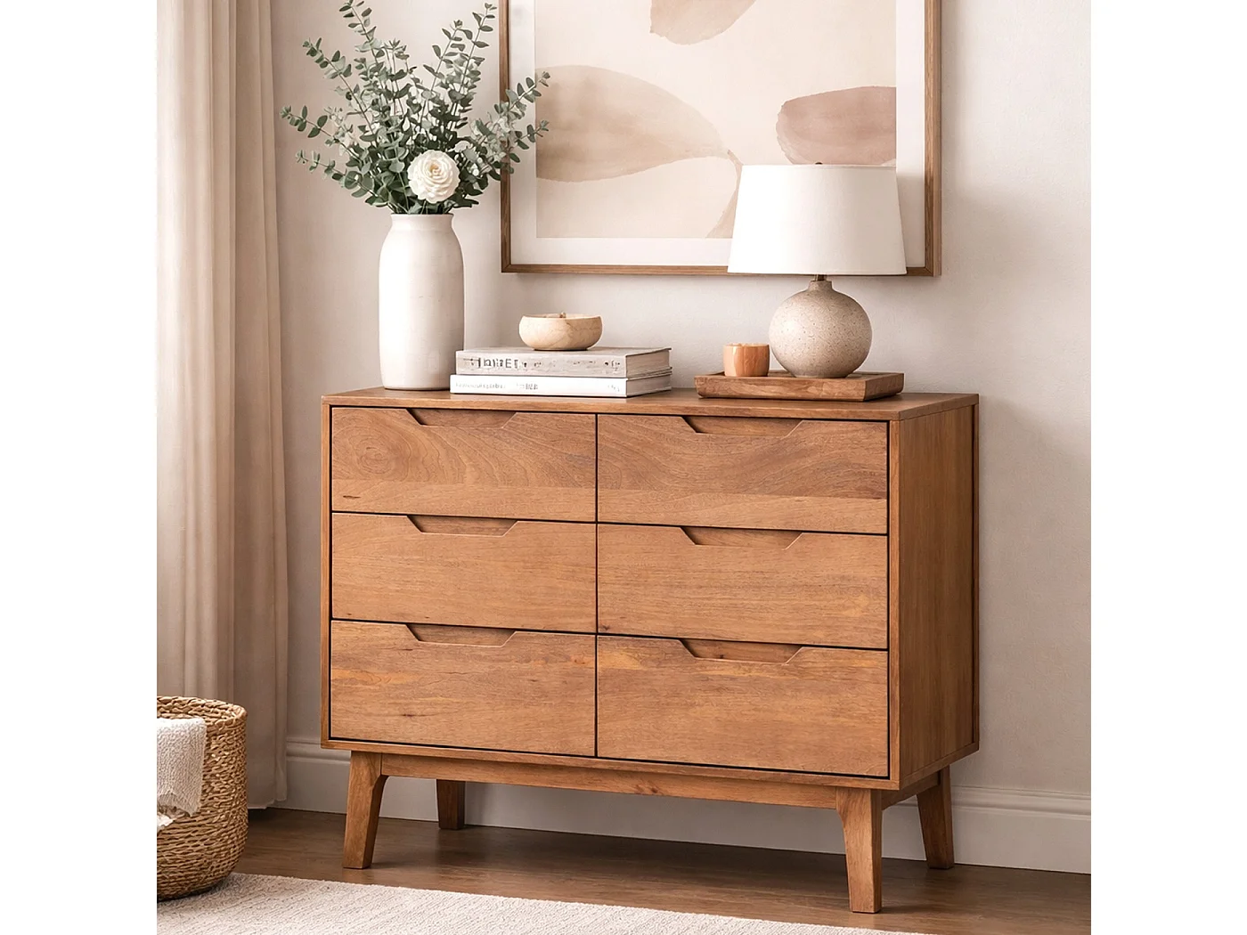 Commode in naturel mangohout met 6 lades en houten poten