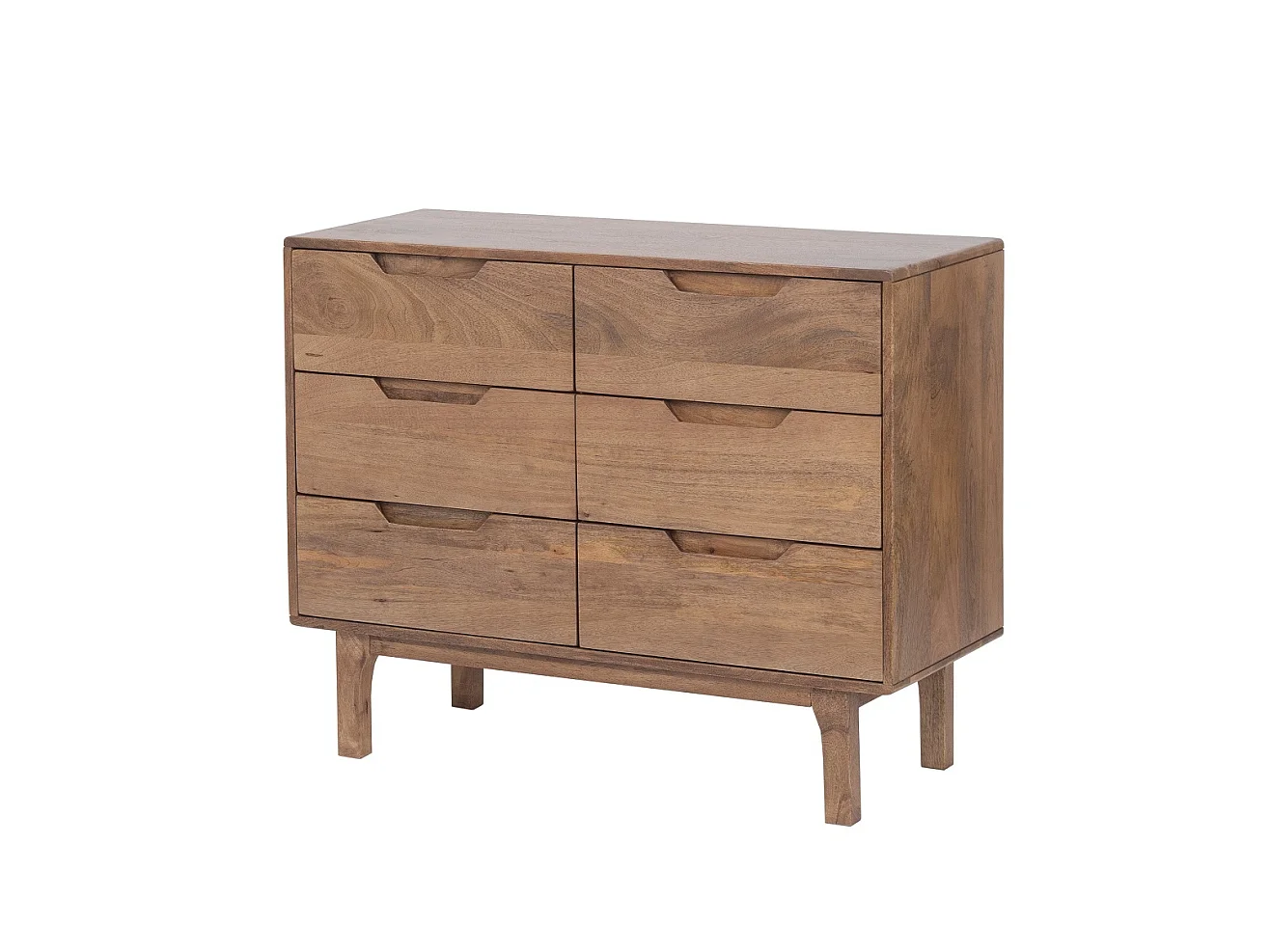 Commode in naturel mangohout met 6 lades en houten poten