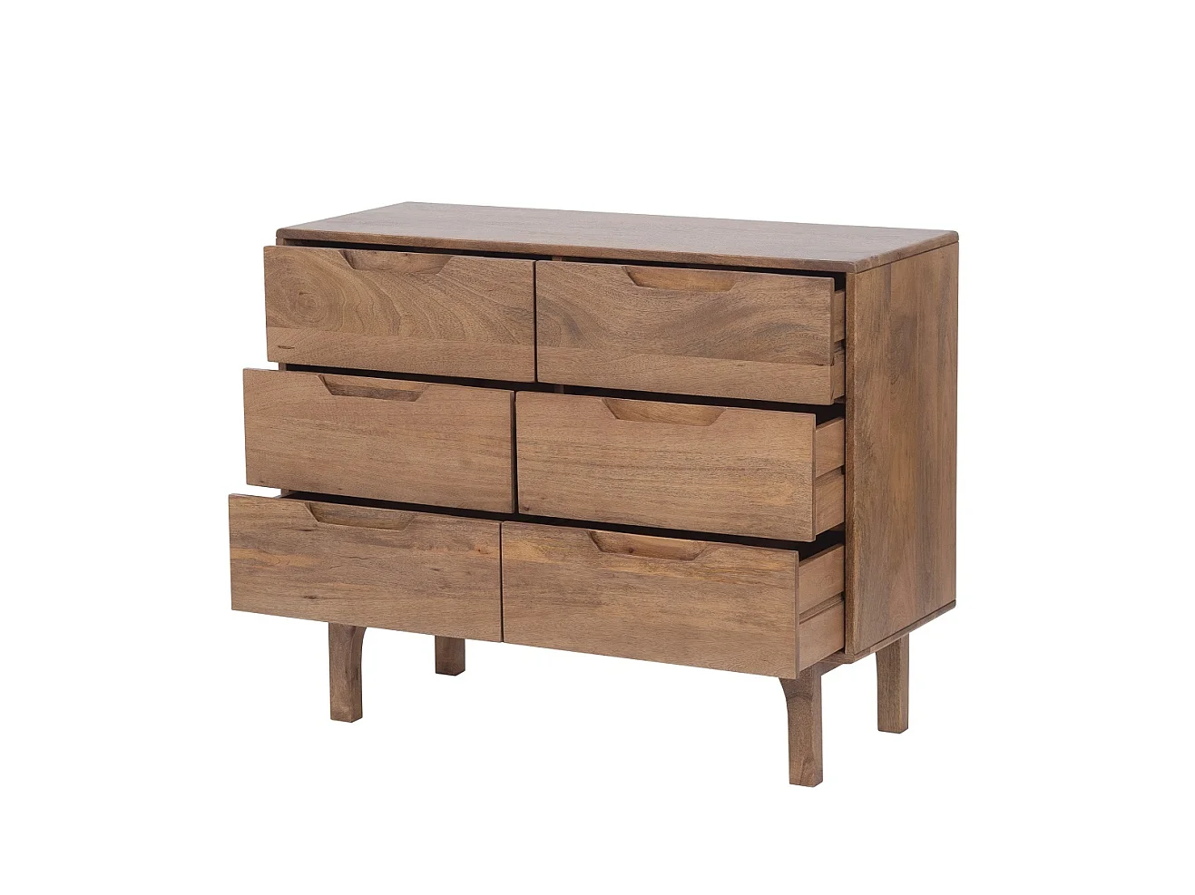 Commode in naturel mangohout met 6 lades en houten poten