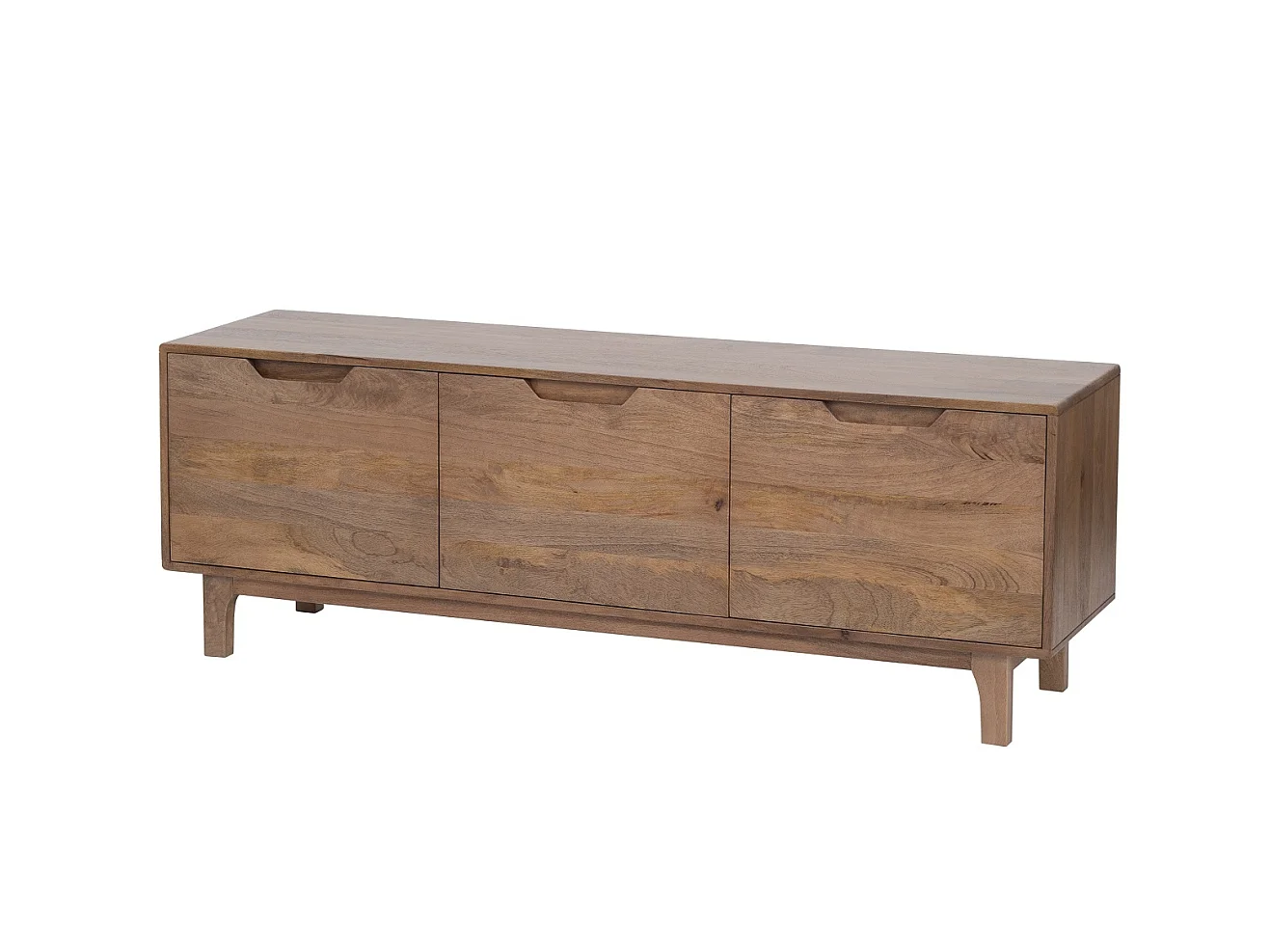 Meuble TV en bois de manguier couleur naturelle, 3 portes et pieds en bois