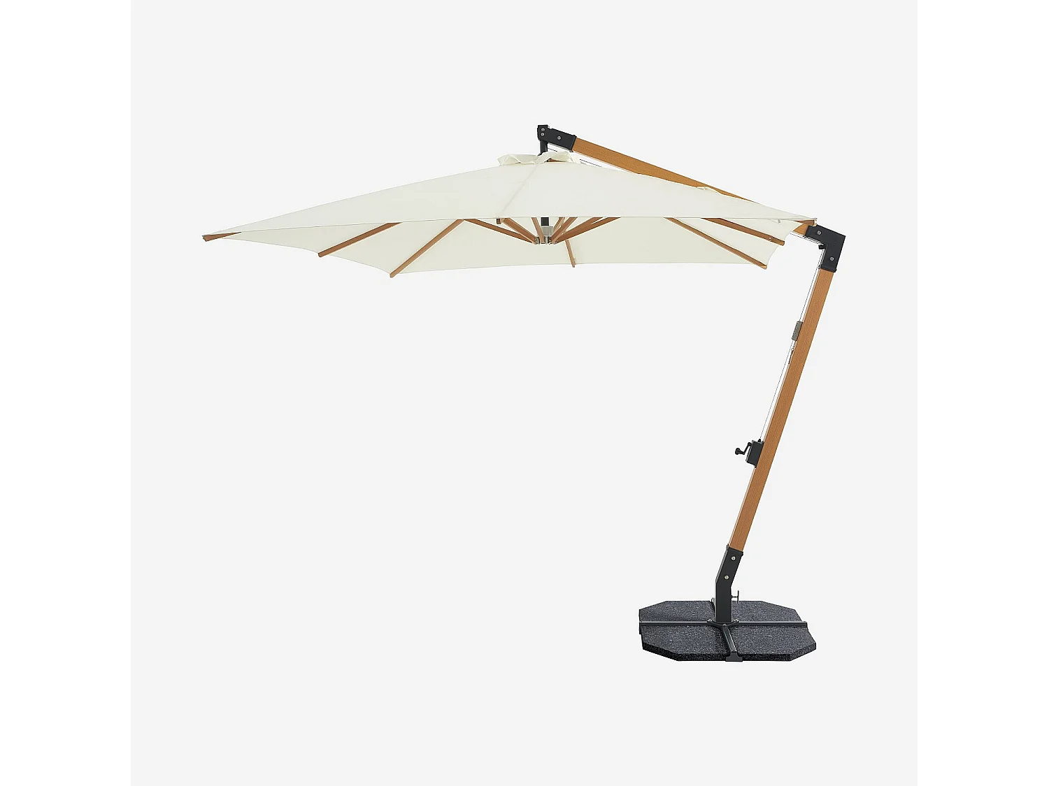Parasol déporté en tissu et métal 3 x 3 m avec base en granite - Ecru et naturel