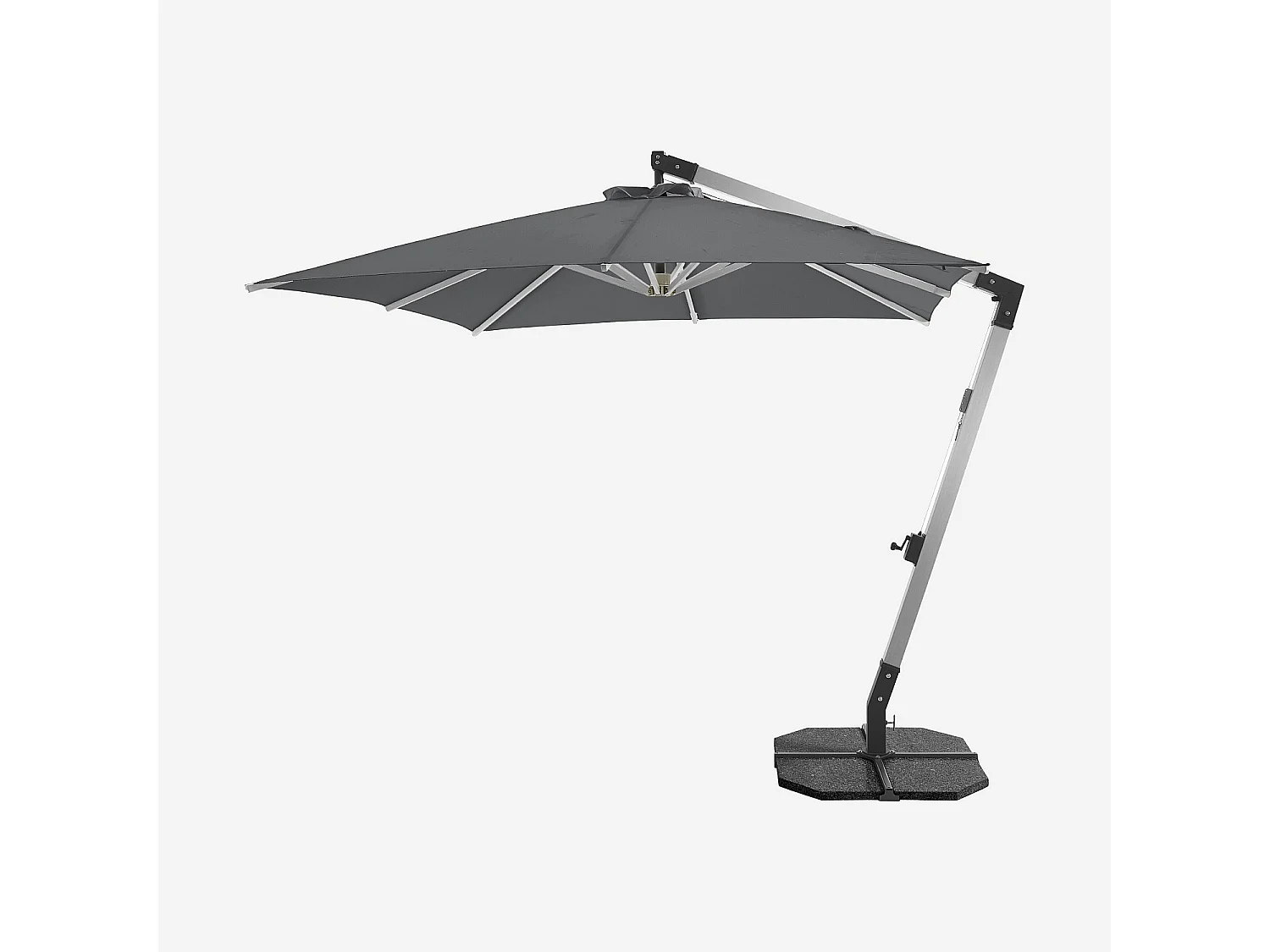 Parasol déporté en tissu et métal 3 x 3 m avec base en granite - Anthracite et argenté