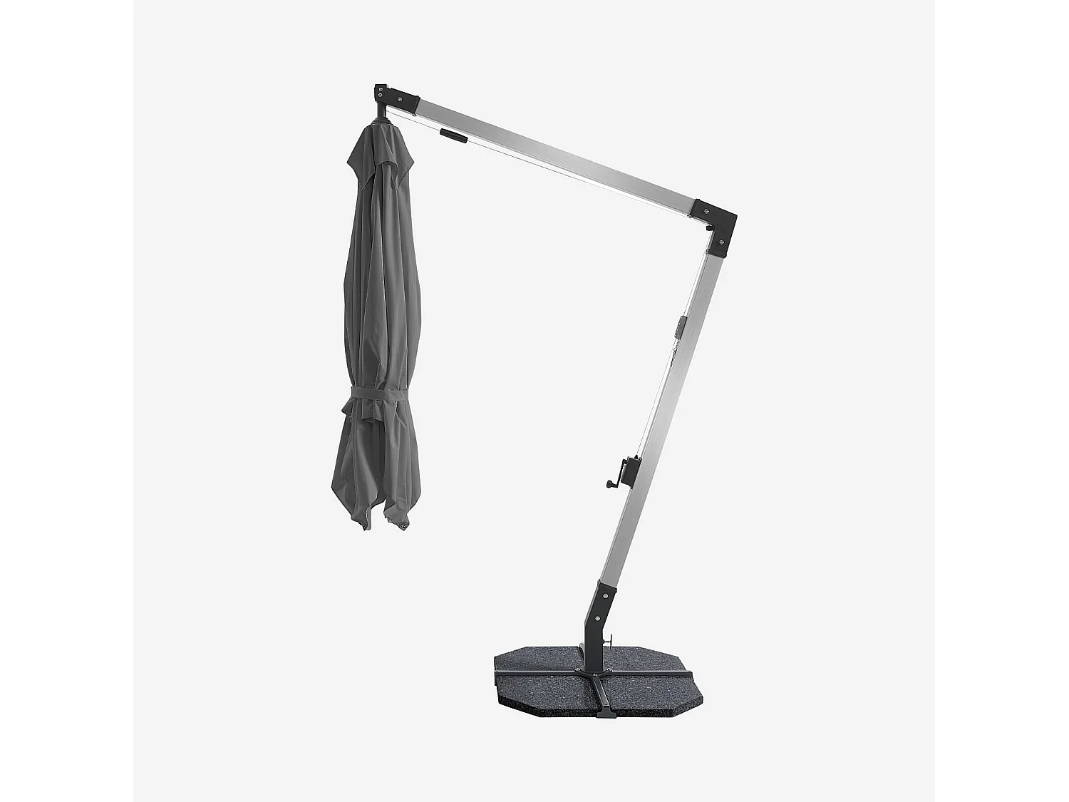 Parasol déporté en tissu et métal 3 x 3 m avec base en granite - Anthracite et argenté