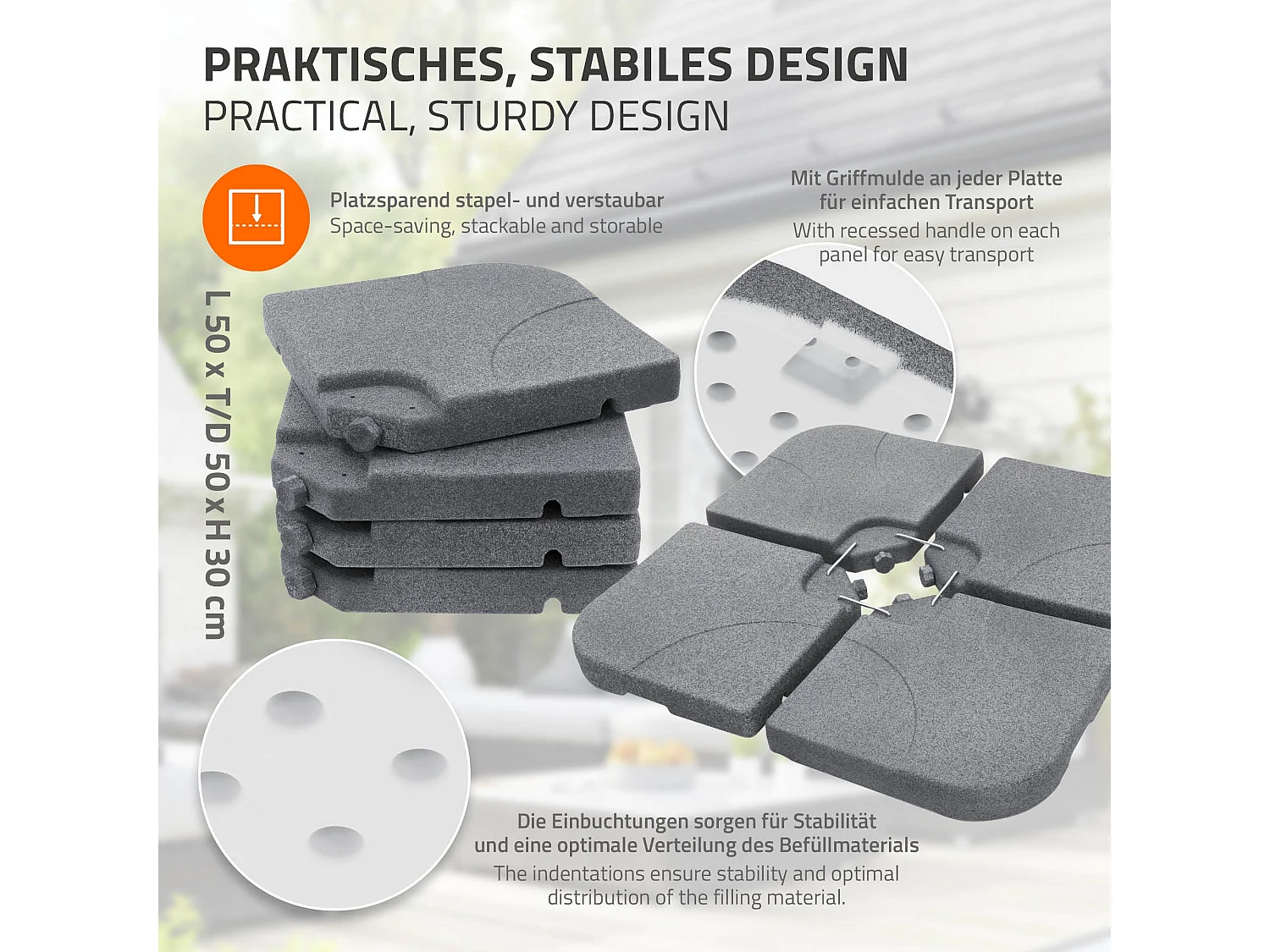 ML-Design Peso de Base de sombrilla con 4 placas rellenables de hasta 60L agua / 80kg arena, gris, soporte cruzado, apoyo de paraguas en el suelo