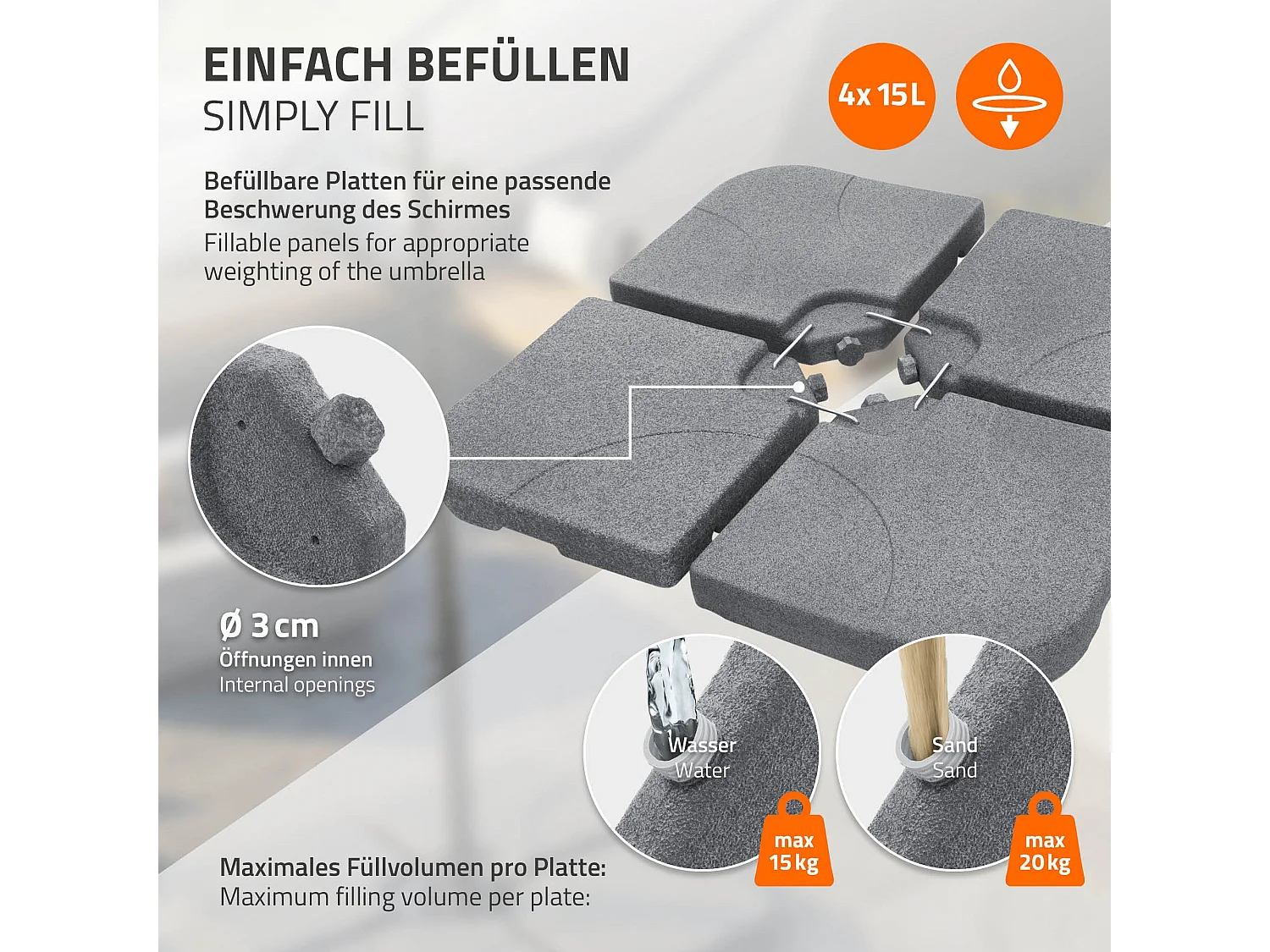 ML-Design Peso de Base de sombrilla con 4 placas rellenables de hasta 60L agua / 80kg arena, gris, soporte cruzado, apoyo de paraguas en el suelo