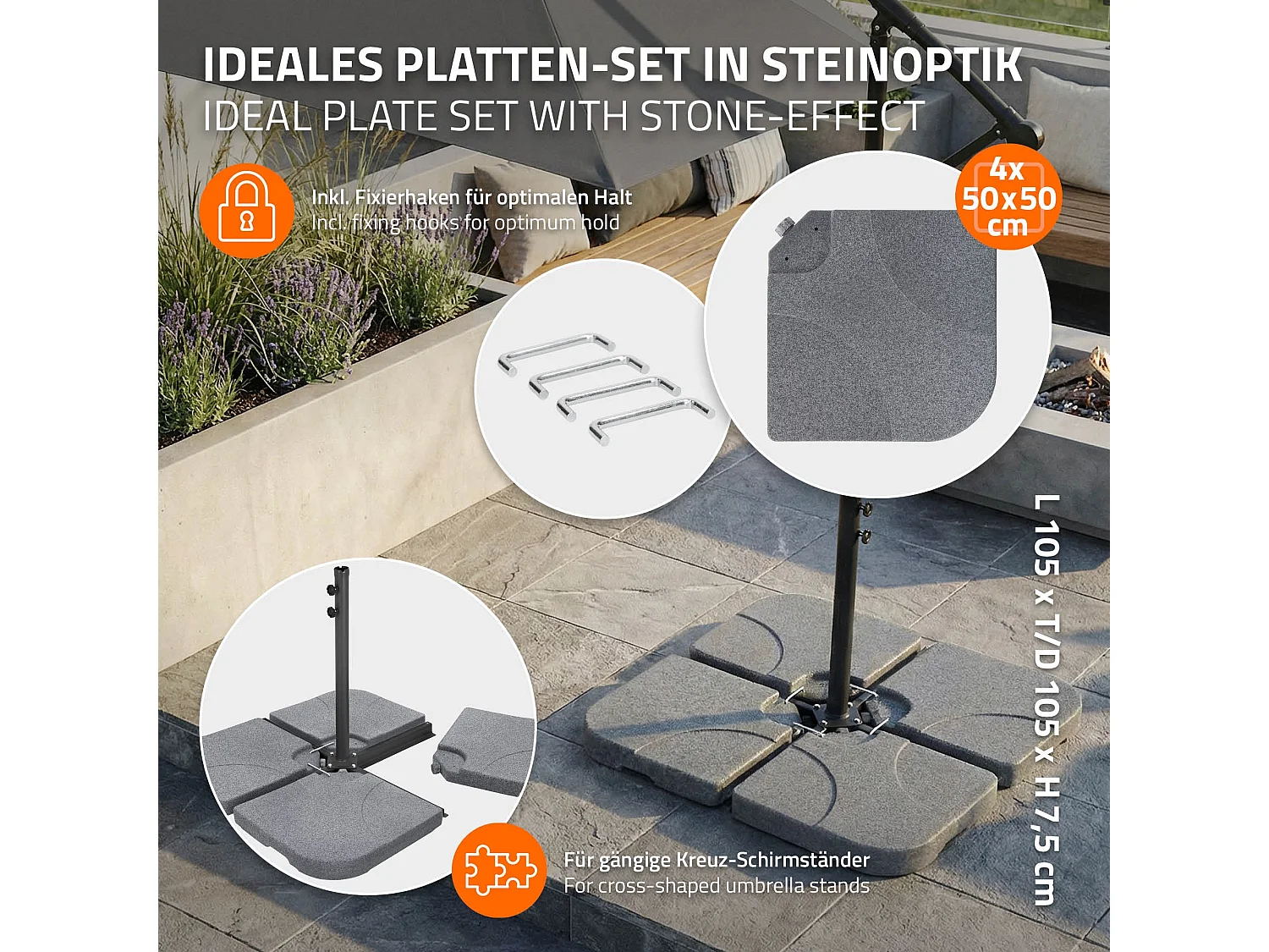 ML-Design Peso de Base de sombrilla con 4 placas rellenables de hasta 60L agua / 80kg arena, gris, soporte cruzado, apoyo de paraguas en el suelo
